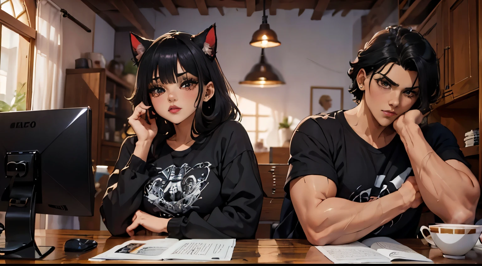 hombre blanco con el cabello rizado color negro, pelo negro mediano y barba negra. // dentro de la oficina // junto a una hermosa mujer junkotvv con gafas, pelo ondulado color negro con flequillo, orejas de gato y ojos rojos.