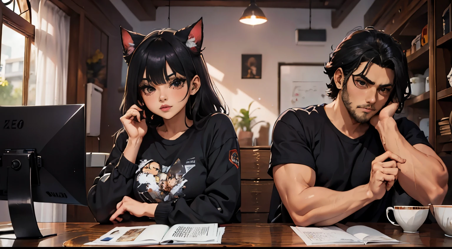 hombre blanco con el cabello rizado color negro, pelo negro mediano y barba negra. // dentro de la oficina // junto a una hermosa mujer junkotvv con gafas, pelo ondulado color negro con flequillo, orejas de gato y ojos rojos.
