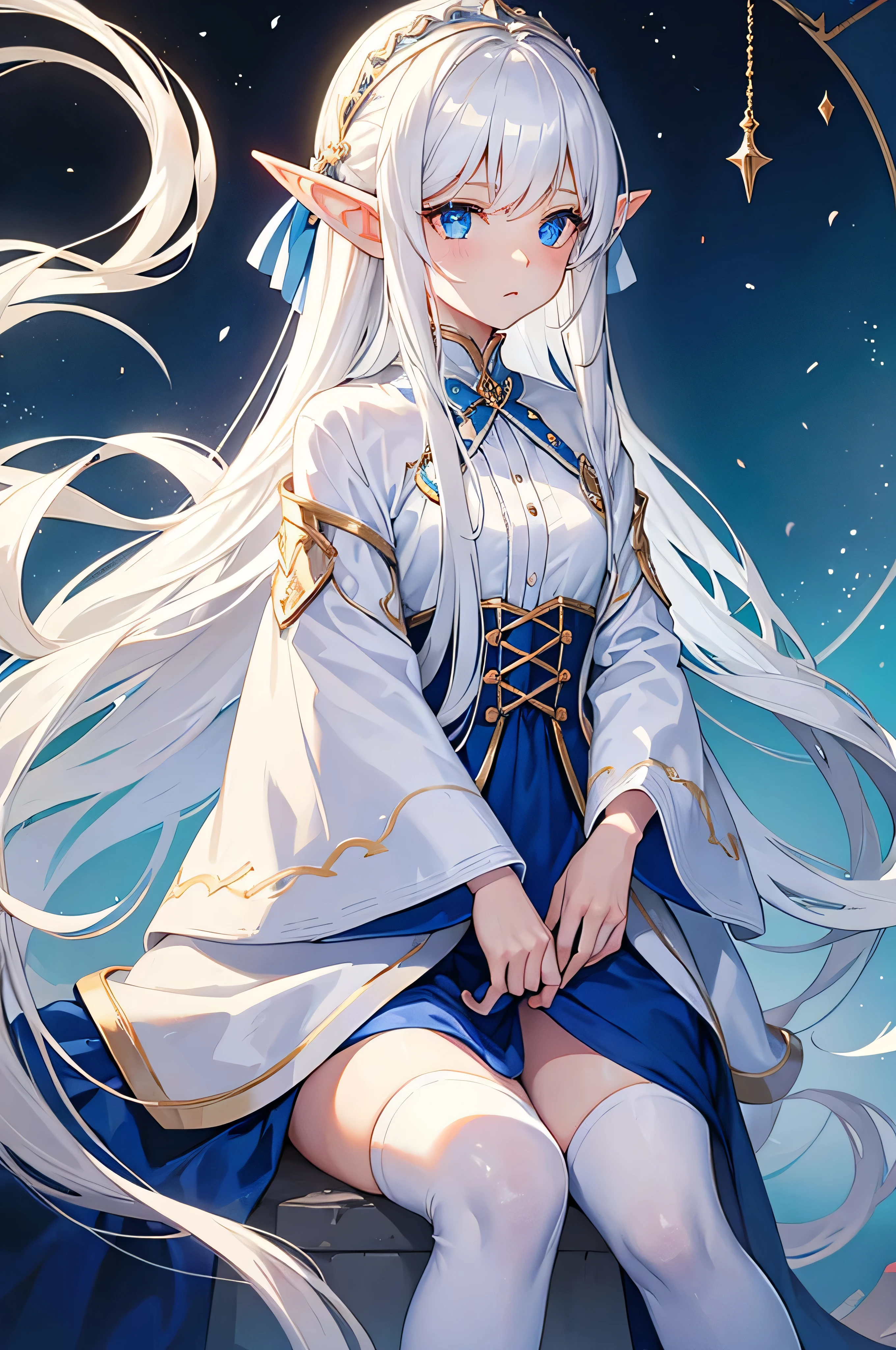 Long white hair, elf ears and blue eyes, adult girl, white gold clothes