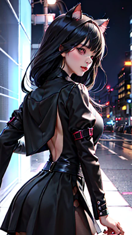 evildoer、girl、Hiding one eye、Black Hair、Bobcut、Black Veil、Black flared mini skirt、Eyes、Cat ear、cute、profile、Close-up of face、１０generation、tall、eight-headed body、Back alley at night、Neon lights in the distance、Crouch down