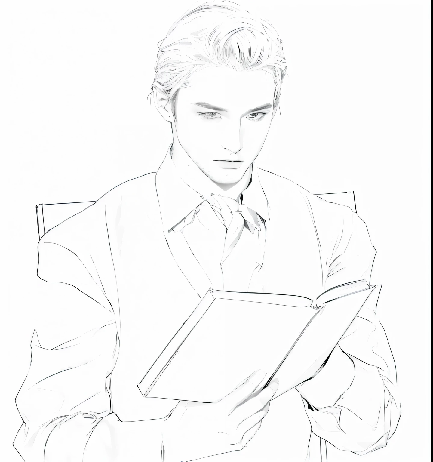 Drawing of a man in a suit holding a book, perfect line art, outoutline, clean line art, กำลังread a bookเล่มใหม่, outline, read a book, Elegant painting, line art, He holds a big book, sharp line art, Rich line art, Inspired by Austin Briggs, Thinking position, Clean lines, unrealistic character concept, concept image