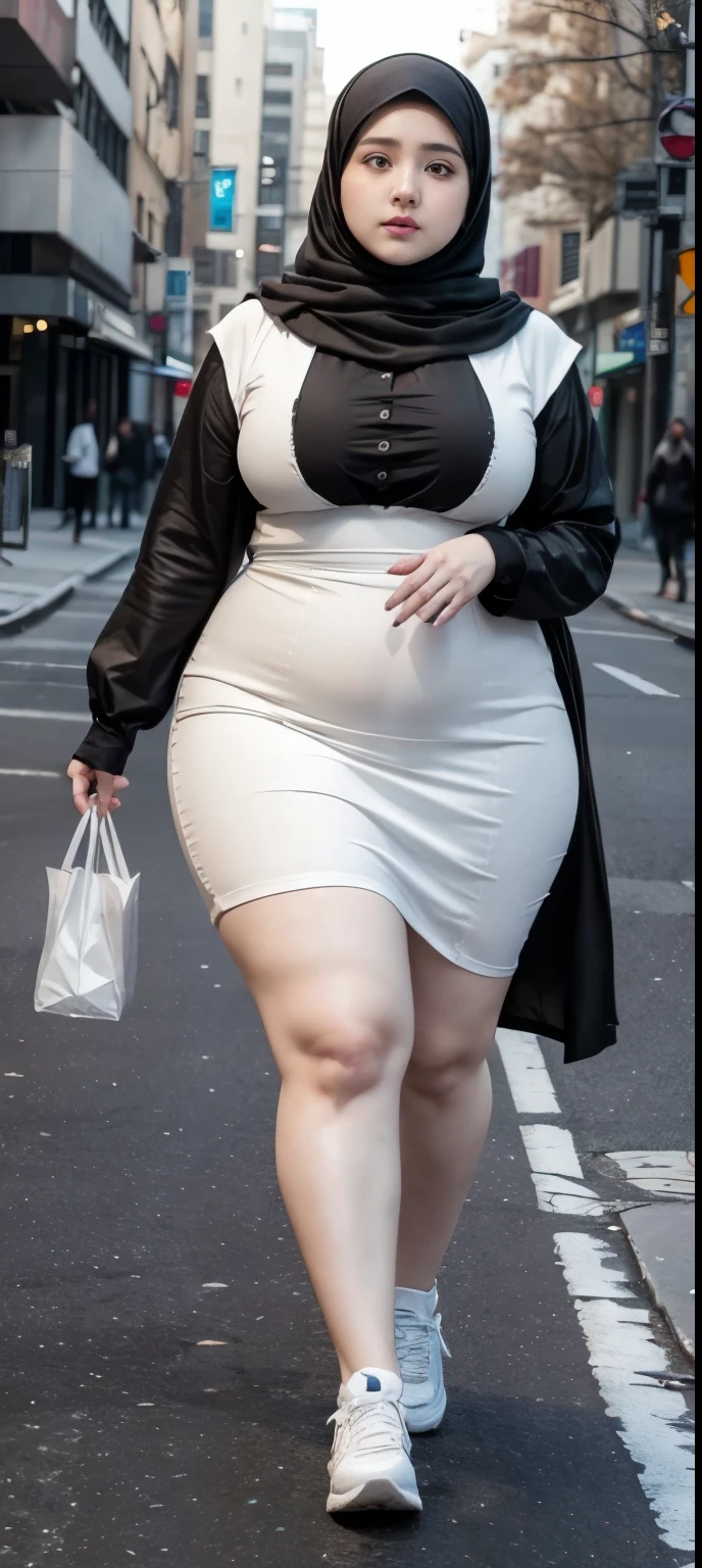 Milky white skin woman in black dress and hijab walking down the street, ,  hijab outfit, ,  hijab fashion model, plus size, plus size woman, ,  woman in black robes, beautiful woman, thicc, black outfit,, bbwchan , white sneakers , Height 170 cm