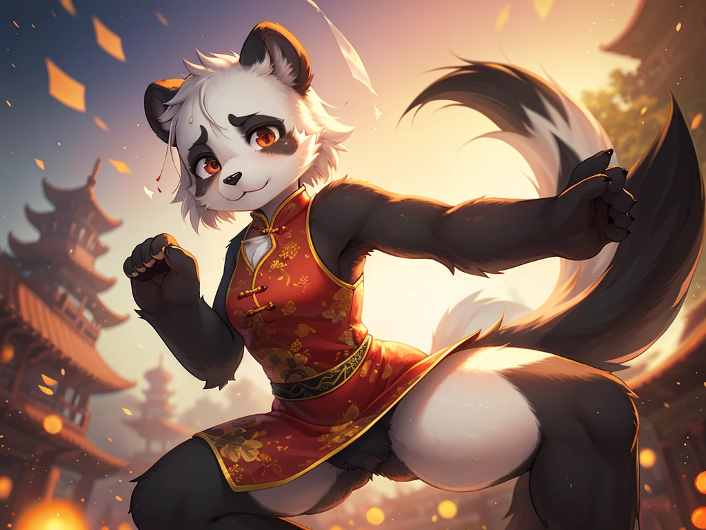 Ink painting , Hallucination, daydream , bokeh , hairy fur , messy slender panda girl , china dress , Chest protrusion , Chinese Panda pattern face , Kung Fu action , Do Tai Chi , Fluttering in the wind