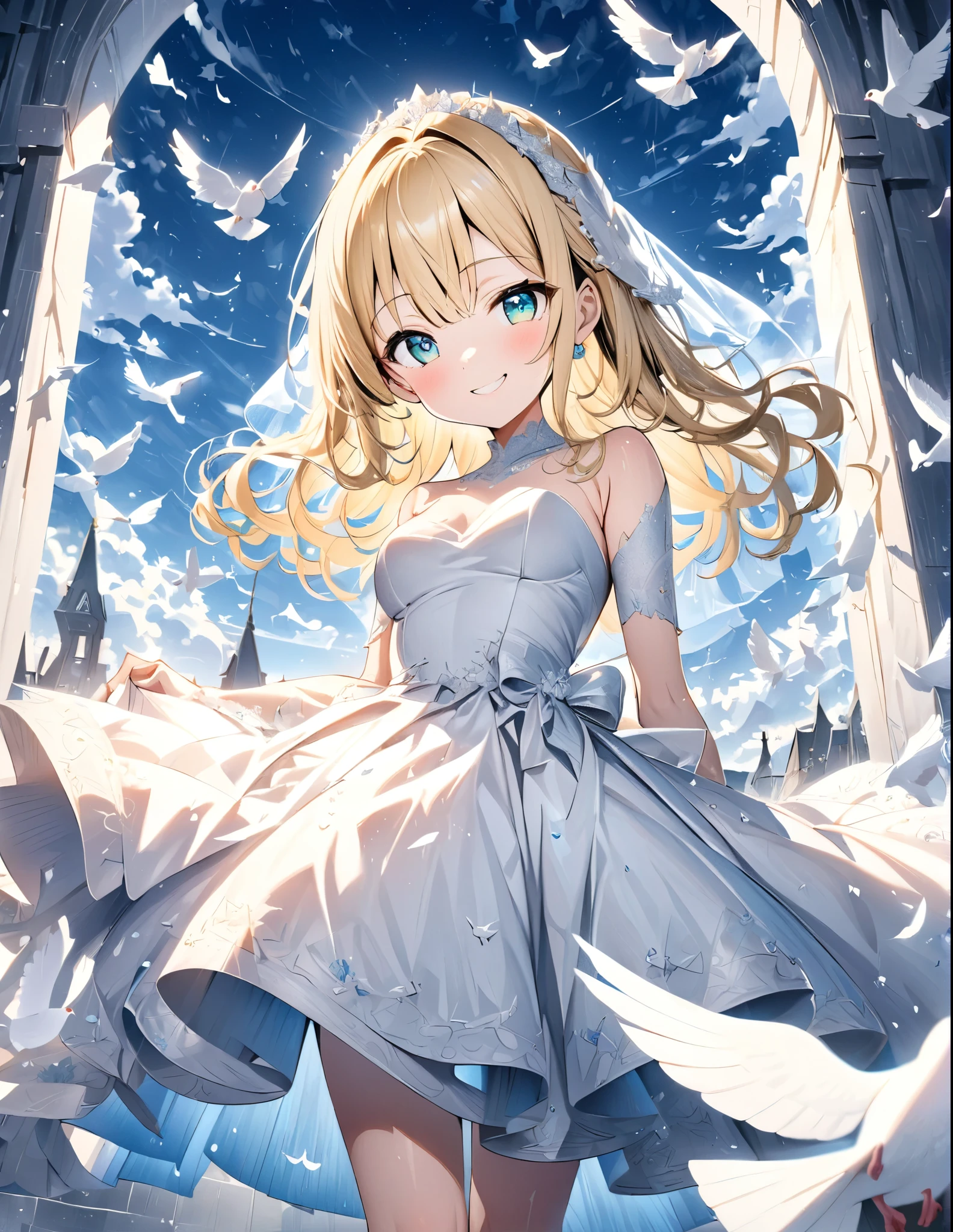 ((style:Colored pencil,pale colour))、(anime)、(masterpiece:1.2),atmospheric perspective,lens flare、White world。Light color、Wedding dress、Blonde、Emerald Eyes、cute、Backlight、Smile、Under the clear blue sky、Countless white doves fly around、Reflection of light、Mysterious Works