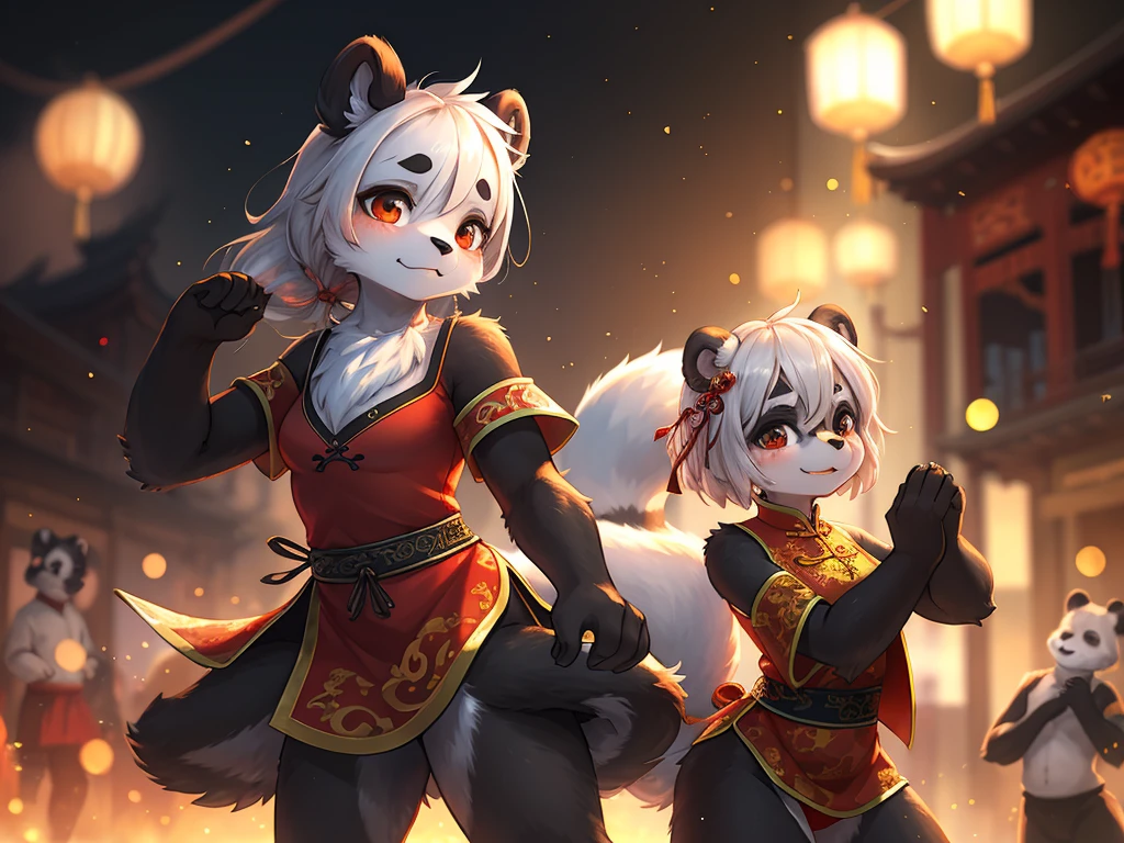Ink painting , Hallucination, daydream , bokeh , hairy fur , messy slender panda girl , china dress , Chest protrusion , Chinese Panda pattern face , Kung Fu action , Do Tai Chi , Fluttering in the wind