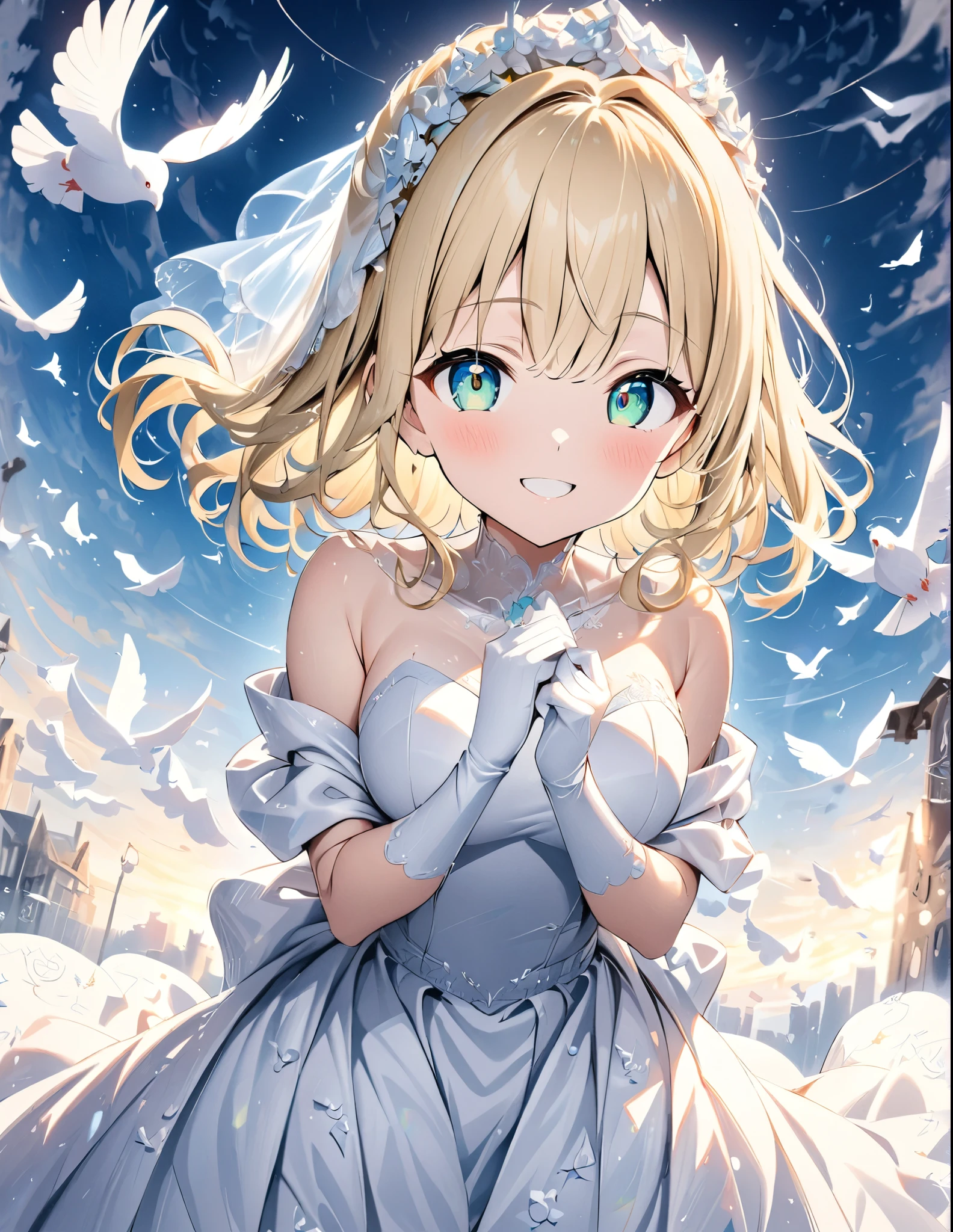 ((style:Colored pencil,pale colour))、(anime)、(masterpiece:1.2),atmospheric perspective,lens flare、White world。Light color、Wedding dress、Blonde、Emerald Eyes、cute、Backlight、Smile、Under the clear blue sky、Countless white doves fly around