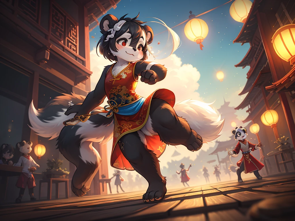 Ink painting , Hallucination, daydream , bokeh , hairy fur , messy slender panda girl , china dress , Chest protrusion , Chinese Panda pattern face , Kung Fu action , Do Tai Chi , Fluttering in the wind