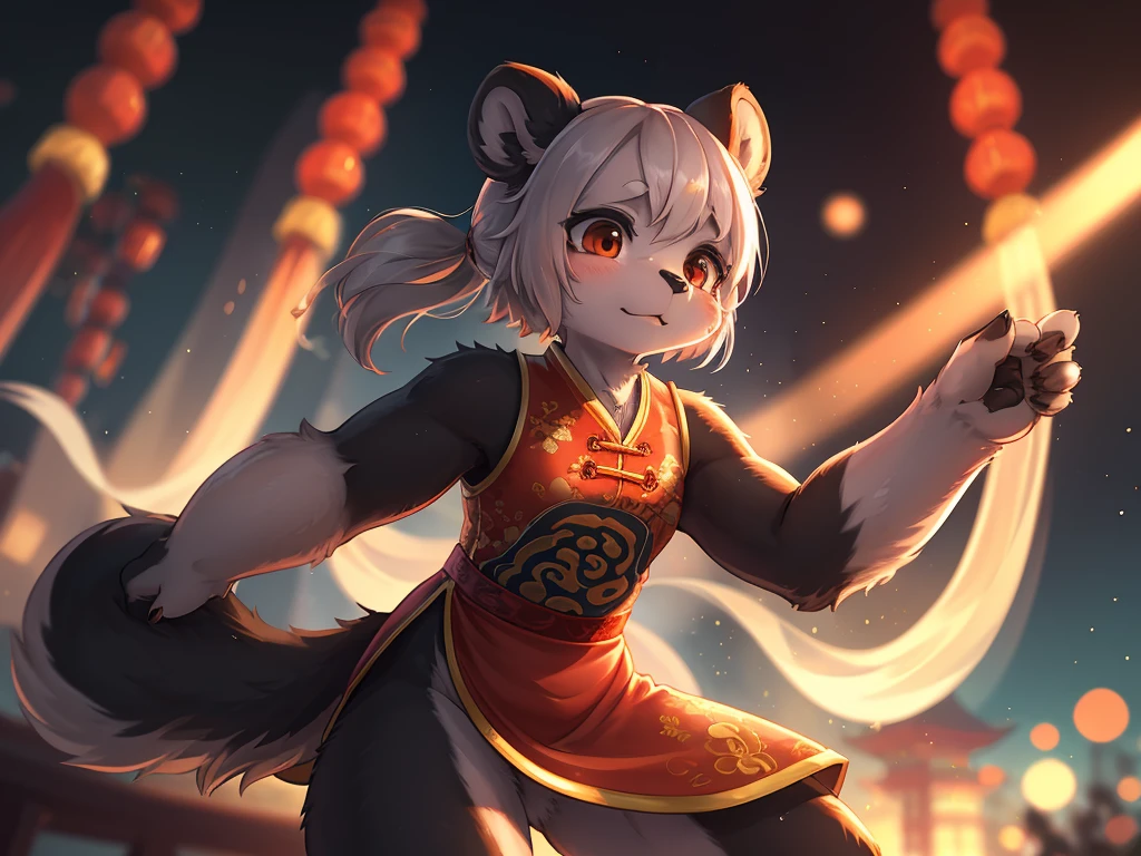 Ink painting , Hallucination, daydream , bokeh , hairy fur , messy slender panda girl , china dress , Chest protrusion , Chinese Panda pattern face , Kung Fu action , Do Tai Chi , Fluttering in the wind