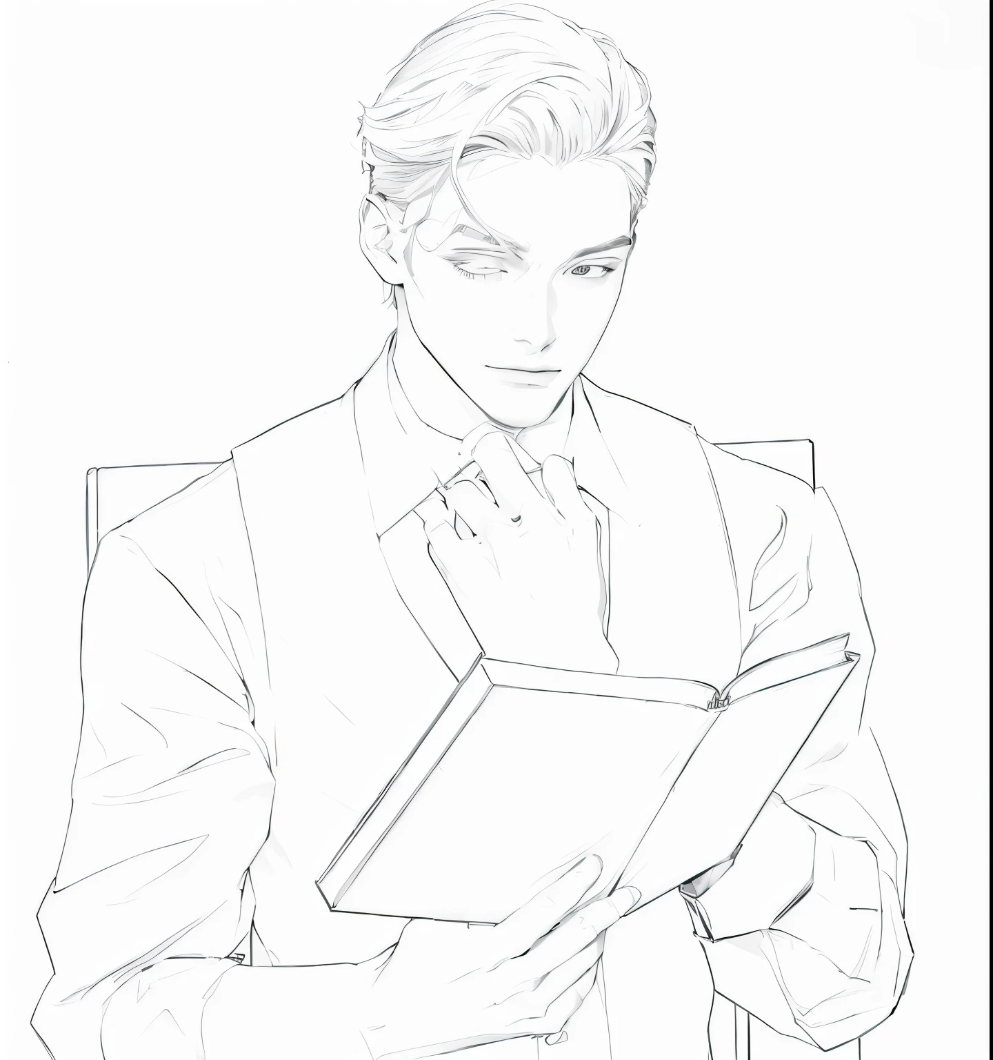 Drawing of a man in a suit holding a book, perfect line art, outoutline, clean line art, กำลังread a bookเล่มใหม่, outline, read a book, Elegant painting, line art, He holds a big book, sharp line art, Rich line art, Inspired by Austin Briggs, Thinking position, Clean lines, unrealistic character concept, concept image