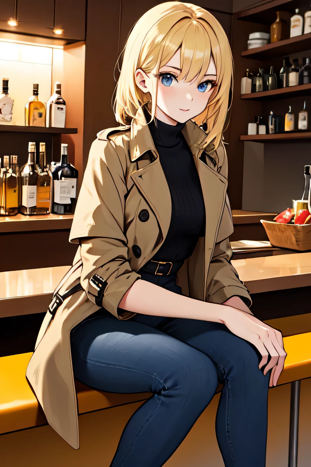 beautiful blonde woman wearing trench coat  sitting on a bar