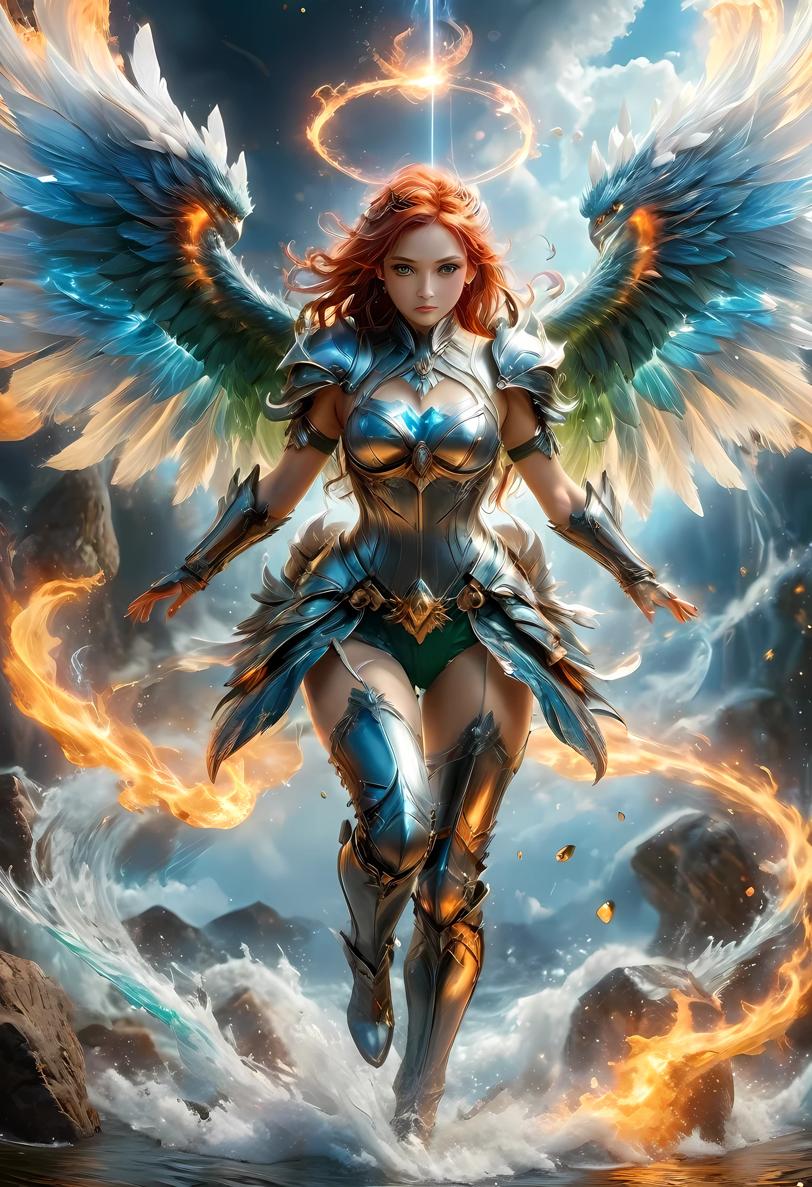 16k, ultra detailed, masterpiece, best quality, (extremely detailed), arafed, dnd art, panoramic view, full body, aasimar, female, (Masterpieceת intense details:1.3), female, sorceress, casting flaming spell(Masterpieceת intense details:1.3) large feathered wings,  (azure: 1.3) angelic wings spread (Masterpieceת intense details:1.3), fantasy magical heaven background (Masterpieceת intense details:1.3), moon, stars, clouds, wearing white armor (Masterpieceת intense details:1.3), high heeled boots (Masterpieceת intense details:1.3), armed with staff, (red hair: 1.4), (green eyes: 1.4), intense eyes, ultra feminine, ultra detailed face, (Masterpieceת intense details:1.5), (anatomically correct: 1.5), determined face, divine light, cinematic lighting, soft light, silhouette, photorealism, panoramic view ((Masterpieceת intense details:1.3) , Wide-Angle, Ultra-Wide Angle, 16k, highres, best quality, faize, 3D rendering