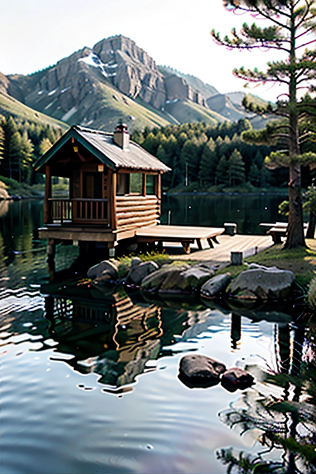 a cozy cabin by a lake, surrounded by nature. A warm fire burns in a stone pit, illuminating the area and reflecting on the calm water. It’s a serene setting that suggests a peaceful retreat in the wilderness, perfect for relaxation and contemplation. The clear sky and the stillness of the lake add to the overall sense of tranquility and harmony with nature. It’s a beautiful representation of a quiet escape from the hustle and bustle of everyday life.
