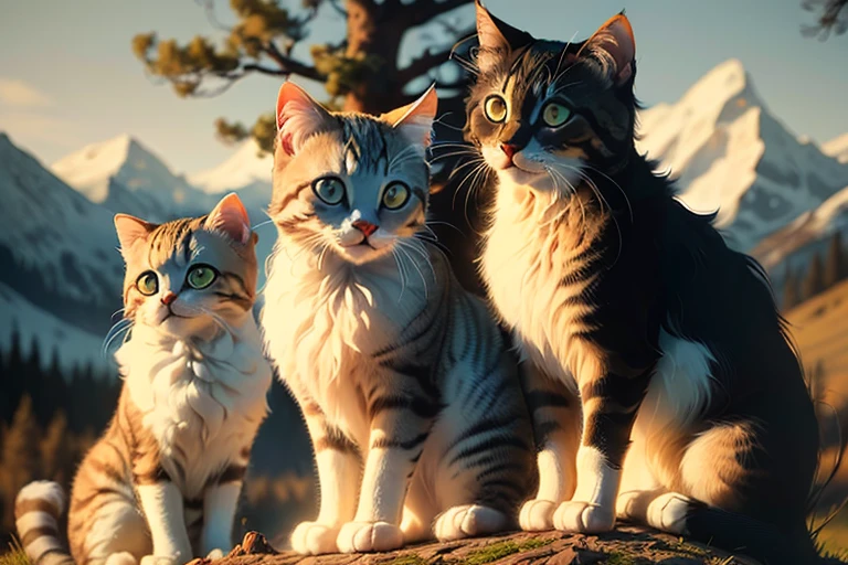 Three kittens!, three kittens sitting on a rock, a fuzzy cats sitting near a tree root, mountains, landscape, detailed, (best quality,4k,8k,highres,masterpiece:1.2),ultra-detailed,(realistic,photorealistic,photo-realistic:1.37),HDR,UHD,studio lighting,ultra-fine painting,sharp focus,physically-based rendering,extreme detail description,professional,vivid colors,bokeh,cute,adorable,fluffy,furry,whimsical,cozy,peaceful