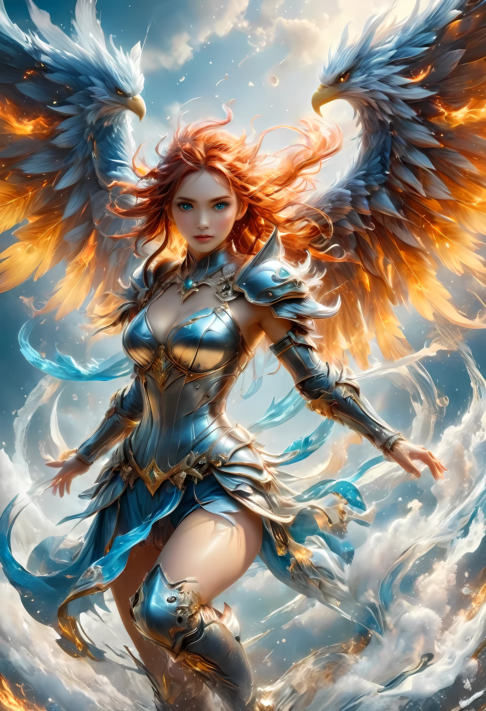 16k, ultra detailed, masterpiece, best quality, (extremely detailed), arafed, dnd art, panoramic view, full body, aasimar, female, (Masterpieceת intense details:1.3), female, sorceress, casting flaming spell(Masterpieceת intense details:1.3) large feathered wings, (azure: 1.3) angelic wings spread (Masterpieceת intense details:1.3), fantasy magical heaven background (Masterpieceת intense details:1.3), moon, stars, clouds, wearing white armor (Masterpieceת intense details:1.3), high heeled boots (Masterpieceת intense details:1.3), armed with staff, (red hair: 1.4), (green eyes: 1.4), intense eyes, ultra feminine, ultra detailed face, (Masterpieceת intense details:1.5), (anatomically correct: 1.5), determined face, divine light, cinematic lighting, soft light, silhouette, photorealism, panoramic view ((Masterpieceת intense details:1.3) , Wide-Angle, Ultra-Wide Angle, 16k, highres, best quality, faize, 3D rendering