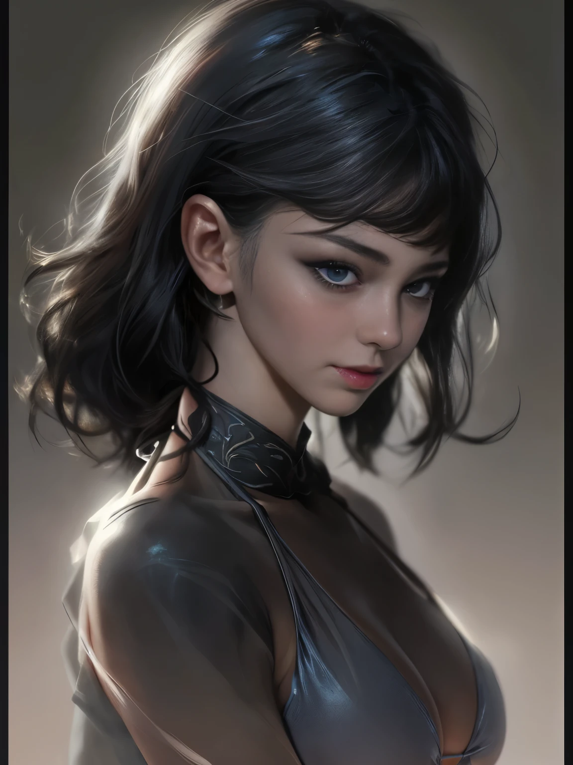 デイヴィッド・ホックニーとアルフォンス・ミュシャによるハイパーリアリズムの女性のPortraiture, Fantasy art, Realistic, Dynamic Lighting, Art Station, Poster, Volumetric lighting, Highly detailed face, 4K, Award-winning, (dark: 1.6), One Girl, In the dark, Deep Shadow, Modest, Portraiture, (bikini: 1.4), short hair, Black Hair, Peel this, Big firm bouncing Breasts