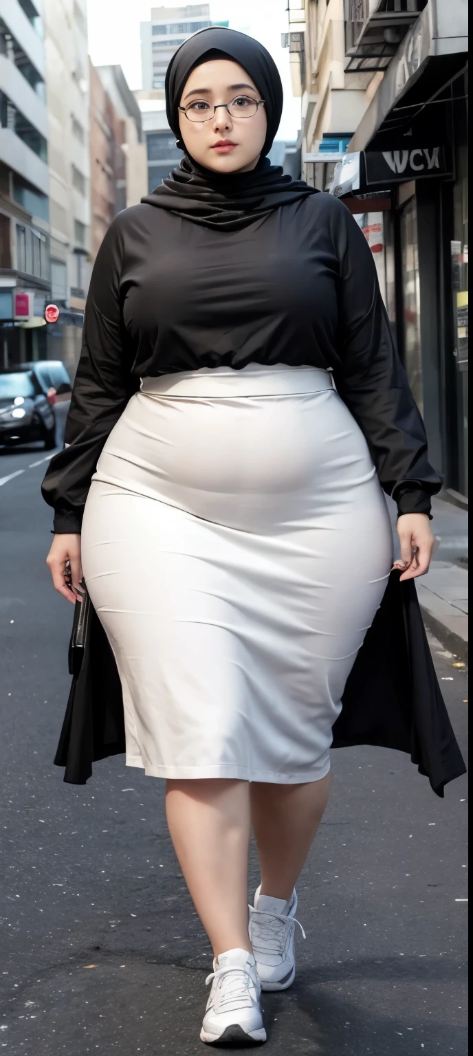 Milky white skin woman in black dress and hijab walking down the street, ,  hijab outfit, ,  hijab fashion model, plus size, plus size woman, ,  woman in black robes, beautiful woman, thicc, black outfit,, bbwchan , white sneakers , Height 170 cm, glasses 