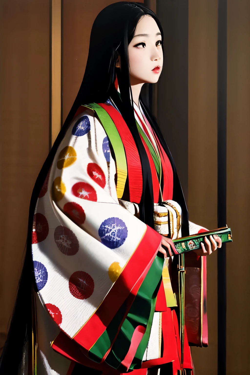 (masterpiece, highest quality:1.2), One girl, juni-hitoe, solo, Straight long black hair、hiogi、court crest print, itutuginu, kasanenoirome, munamoto itutugine, detail, close-up, Blank background