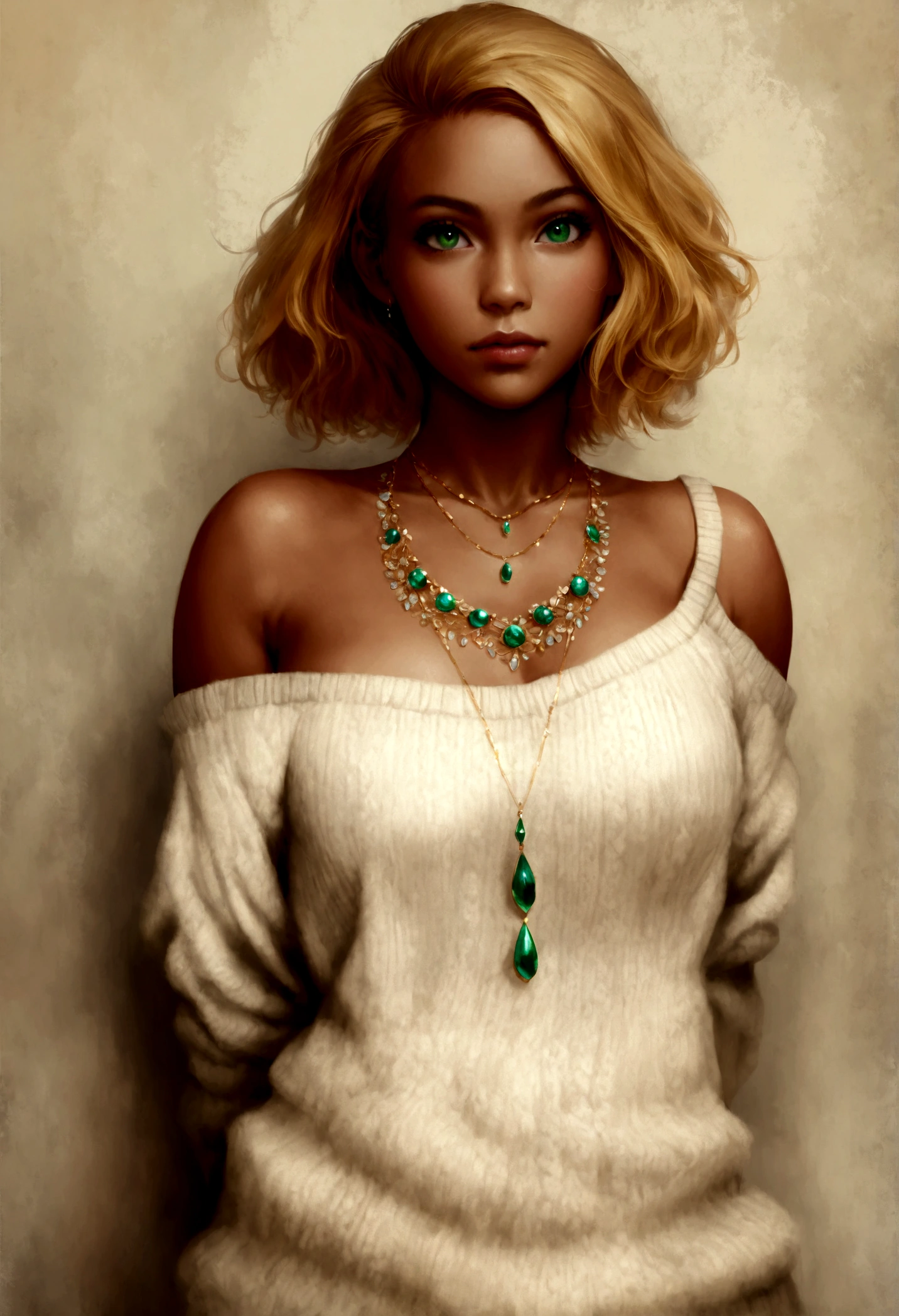1girl in, age19, Solo, Short hair, Colossal , Looking at Viewer, blackhair, Bare shoulders, Green eyes, jewely, Full body, a necklace, off shoulders, Sweaters, Realistic, tan skin,