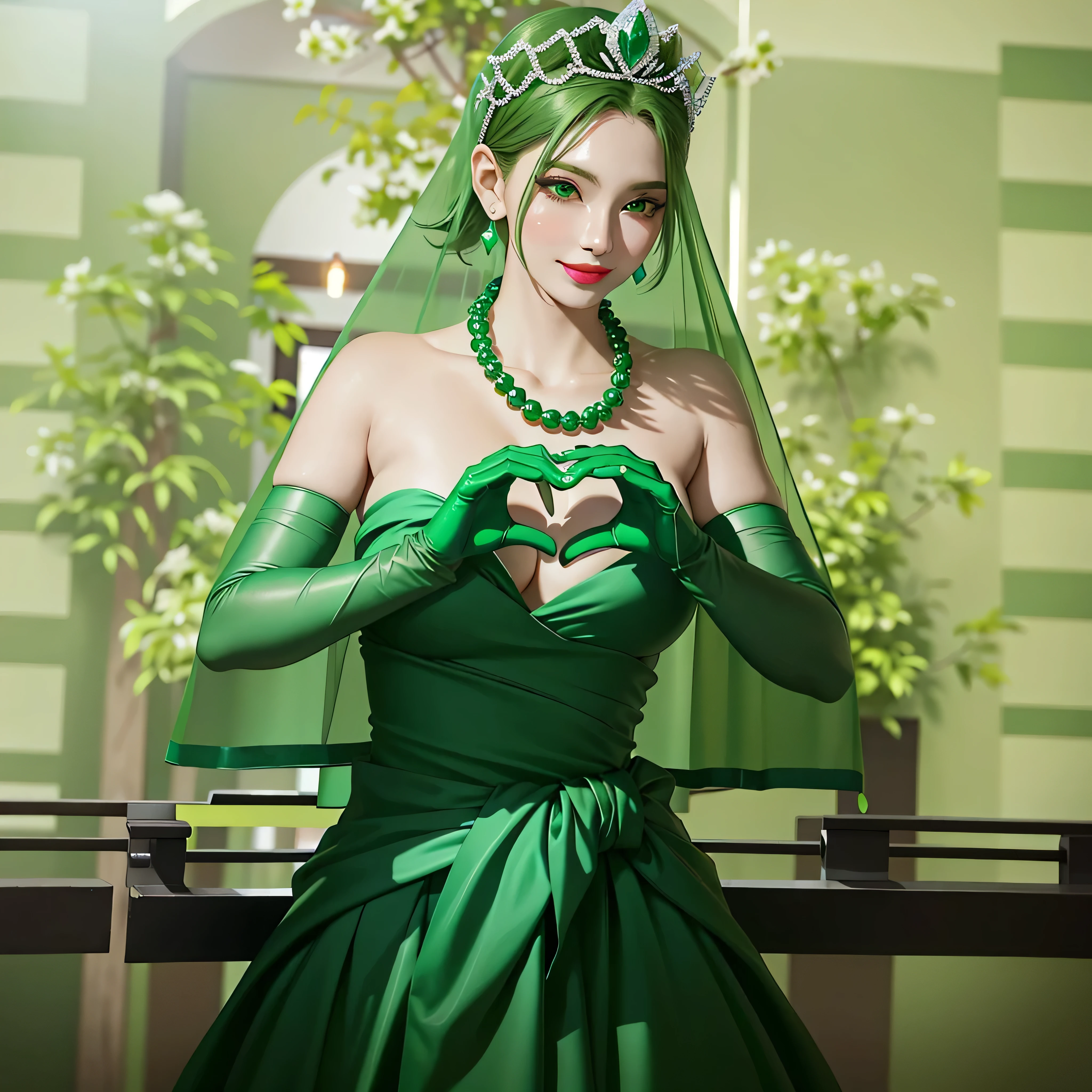 Emerald tiara, Green Pearl Necklace, Boyish very short green hair, Green Lips, Smiling Japanese woman, Very short hair, Busty beautiful lady, Green Eyes, Green satin long gloves, Green Eyes, Emerald Earrings, Green veil, Heart with both hands, Green Hair, Beautiful Japanese Women, Heart shaped hands:1.3, green lip gloss