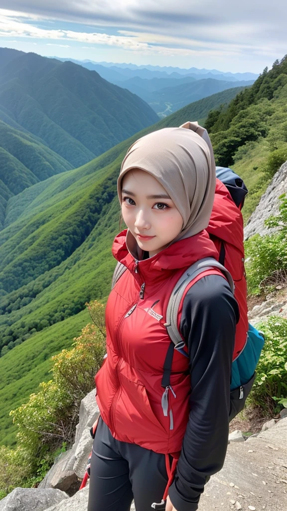 (Background, Magnificent snow mountain views):1.3, (snow mountain:1.37), (8k, RAW photo, best quality, masterpiece:1.2), (realistic, photo-realistic:1.37), ultra-detailed, high quality, professional lighting, physically-based rendering photo of 20 years woman, (1girl:1.3), (Japanese girl), mountaineer,  mountain climber, (high detailed skin:1.2), (ultra delicate face, ultra Beautiful fece, ultra delicate eyes, ultra detailed nose, ultra detailed mouth), (light brown hijab, mountaineering jacket, mountaineering clothing, mountaineering, trekking-pants), (Carrying a backpack), (Walking along a mountain trail), full body