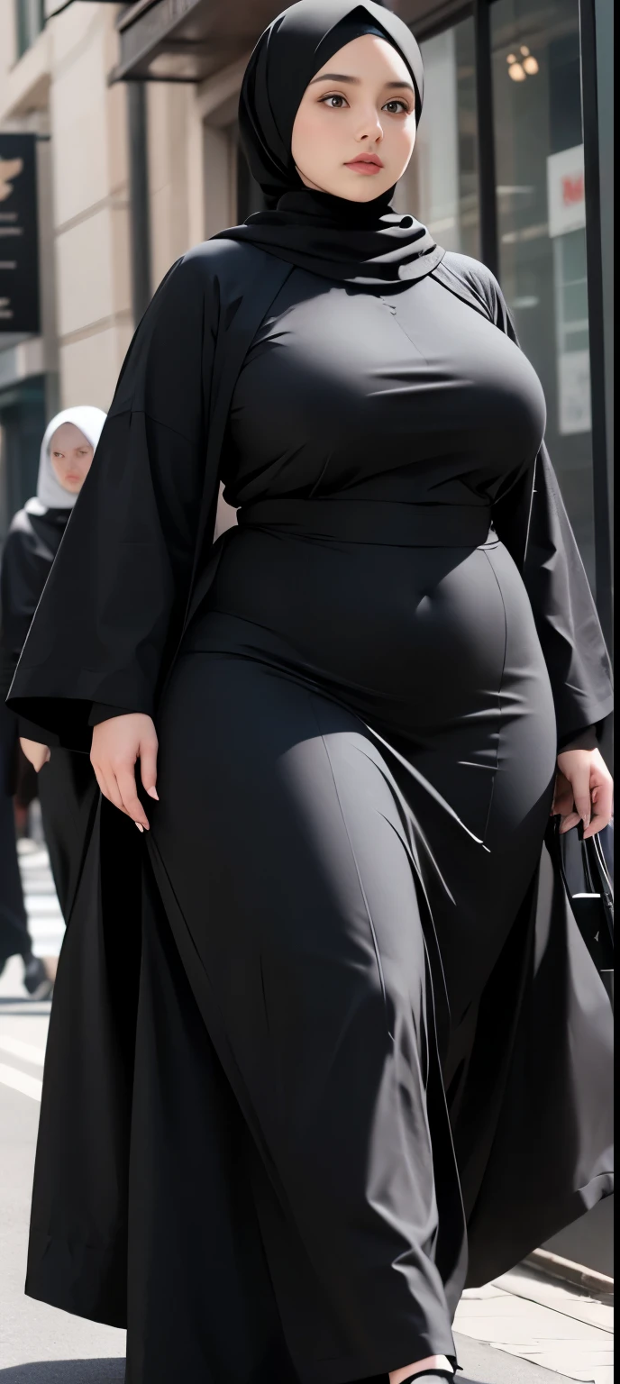 woman in black dress and hijab walking down the street, , hijab outfit, , hijab fashion model, plus size, plus size woman, , woman in black robes, beautiful woman, thicc, black outfit,, bbwchan