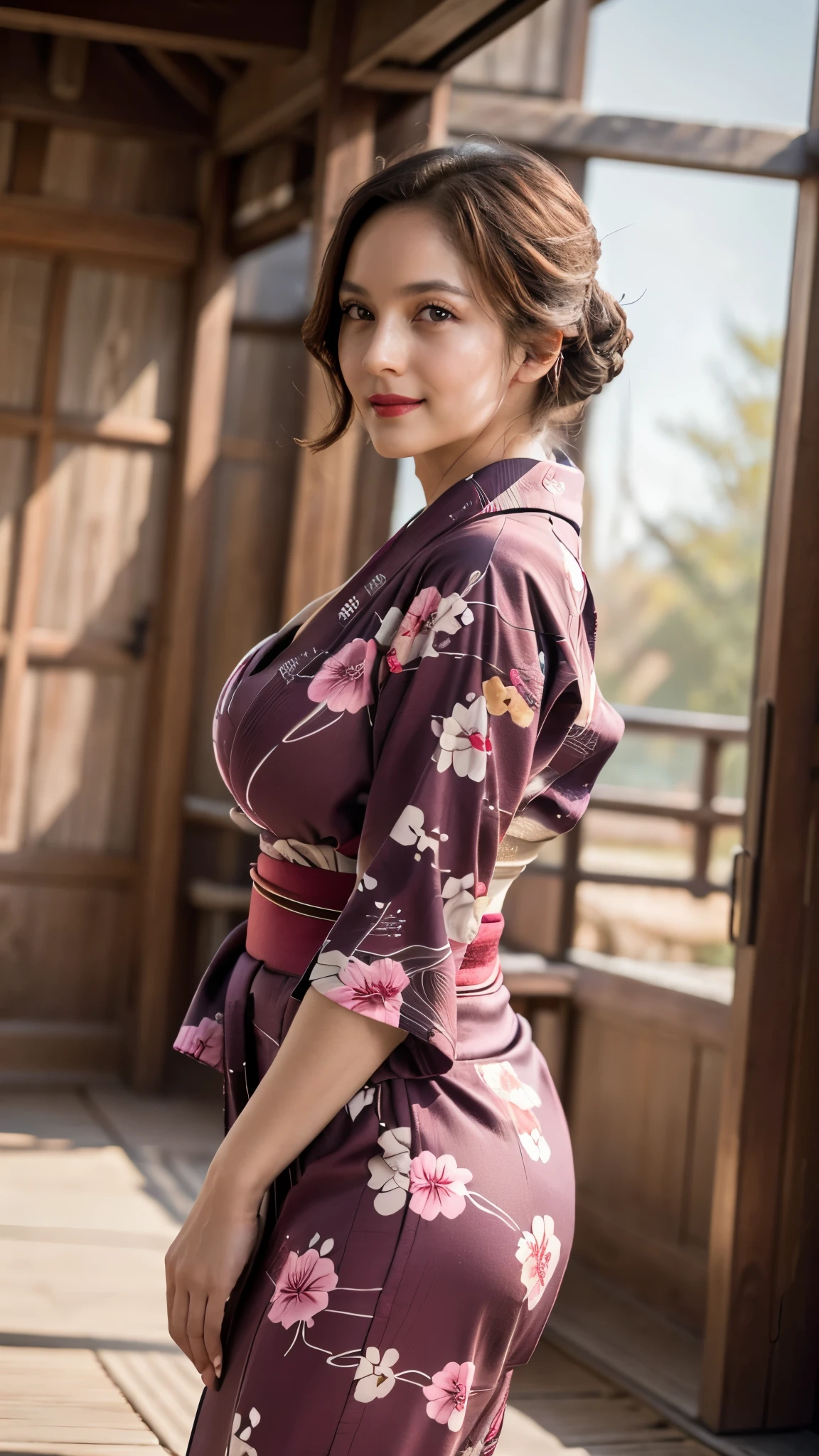 ((20 years old girl)), (wearing luxurious yukata outfit, jewelry: 1.4), ((in a medieval japanese palace)), (night time), (((gigantic size breasts, cleavage))), (hourglass figure), lipstick, photorealistic, masterpiece, realistic, realism, photorealism, high contrast, photorealistic, 8k HD high definition detailed realistic, detailed, skin texture, hyper detailed, realistic skin texture, best quality, (photorealistic:1.4), high resolution, detailed, raw photo, photo realistic, (high detailed skin:1.2), 8k uhd, dslr, soft lighting, high quality, film grain, Fujifilm XT3), hyper realistic lifelike texture dramatic lighting unreal engine, even, neutral light, key light, bold, bright colours, daylight, (balanced saturation), (dynamic lighting), (natural lighting), ((soft red lipstick)), (natural makeup), ((ginger hair)), ((glossy skin)), (colorful lighting), (soft smile : 1.7), (feminine pose : 1.5), ((side way angle photoshoot : 1.7)), (look at camera : 1.4)