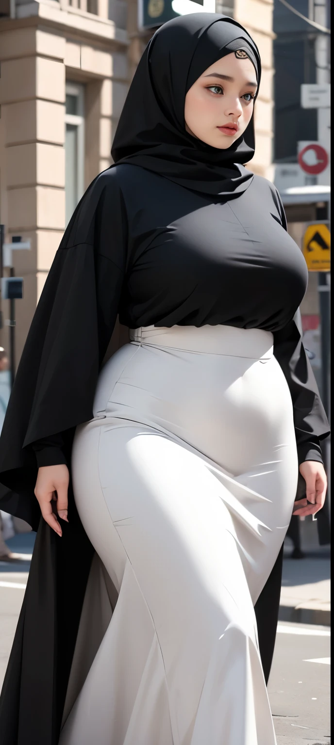  woman in  black dress and hijab walking down the street, ,  hijab outfit, ,  hijab fashion model, plus size, plus size woman, ,  woman in black robes, beautiful woman, thicc, black outfit,, bbwchan 