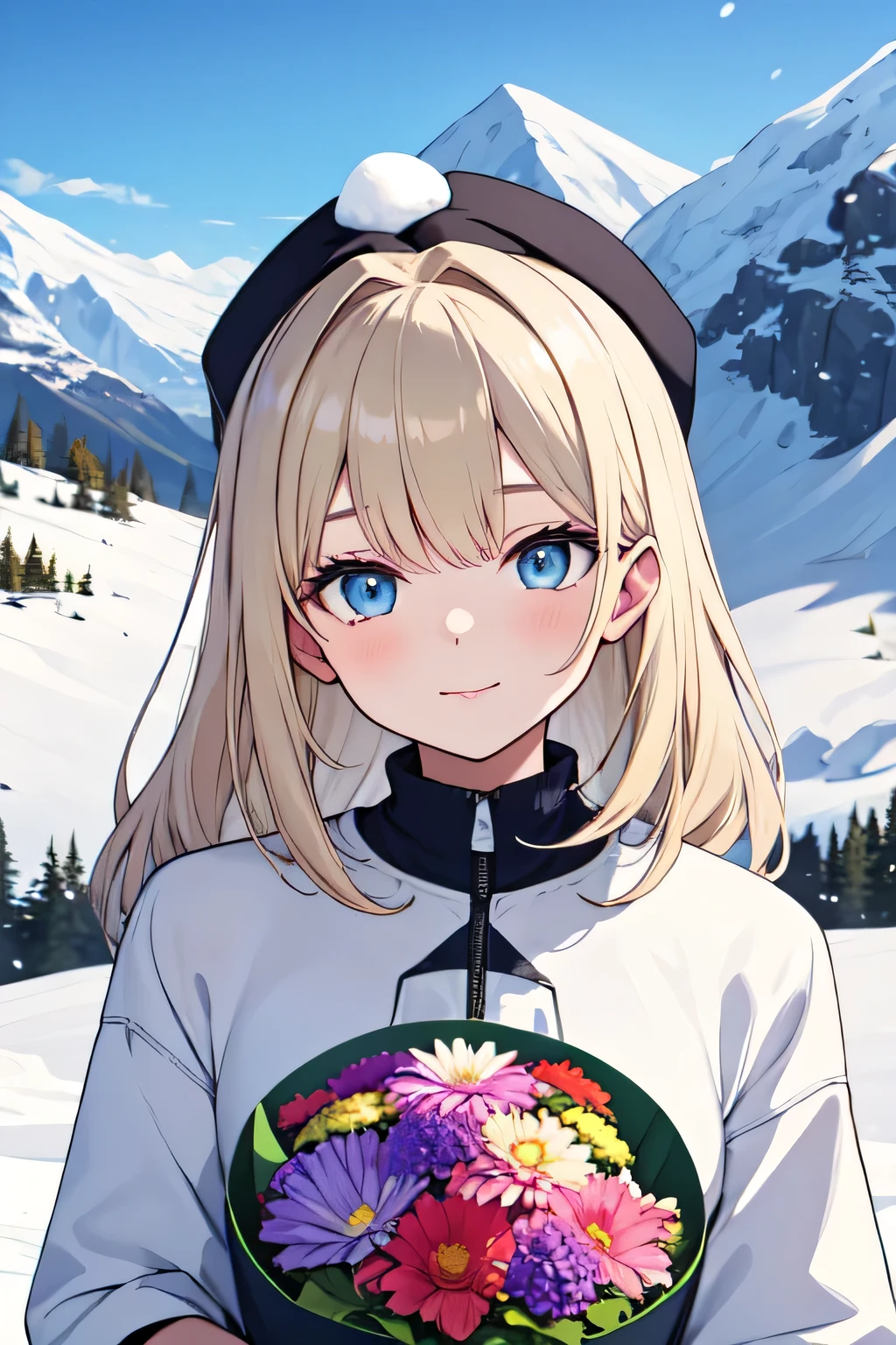 A beautiful woman with light hair, flowers, snow-capped mountains, summer