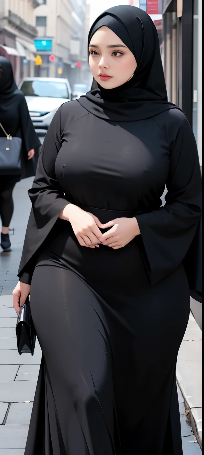  woman in  black dress and hijab walking down the street, ,  hijab outfit, ,  hijab fashion model, plus size, plus size woman, ,  woman in black robes, beautiful woman, thicc, black outfit,, bbwchan 