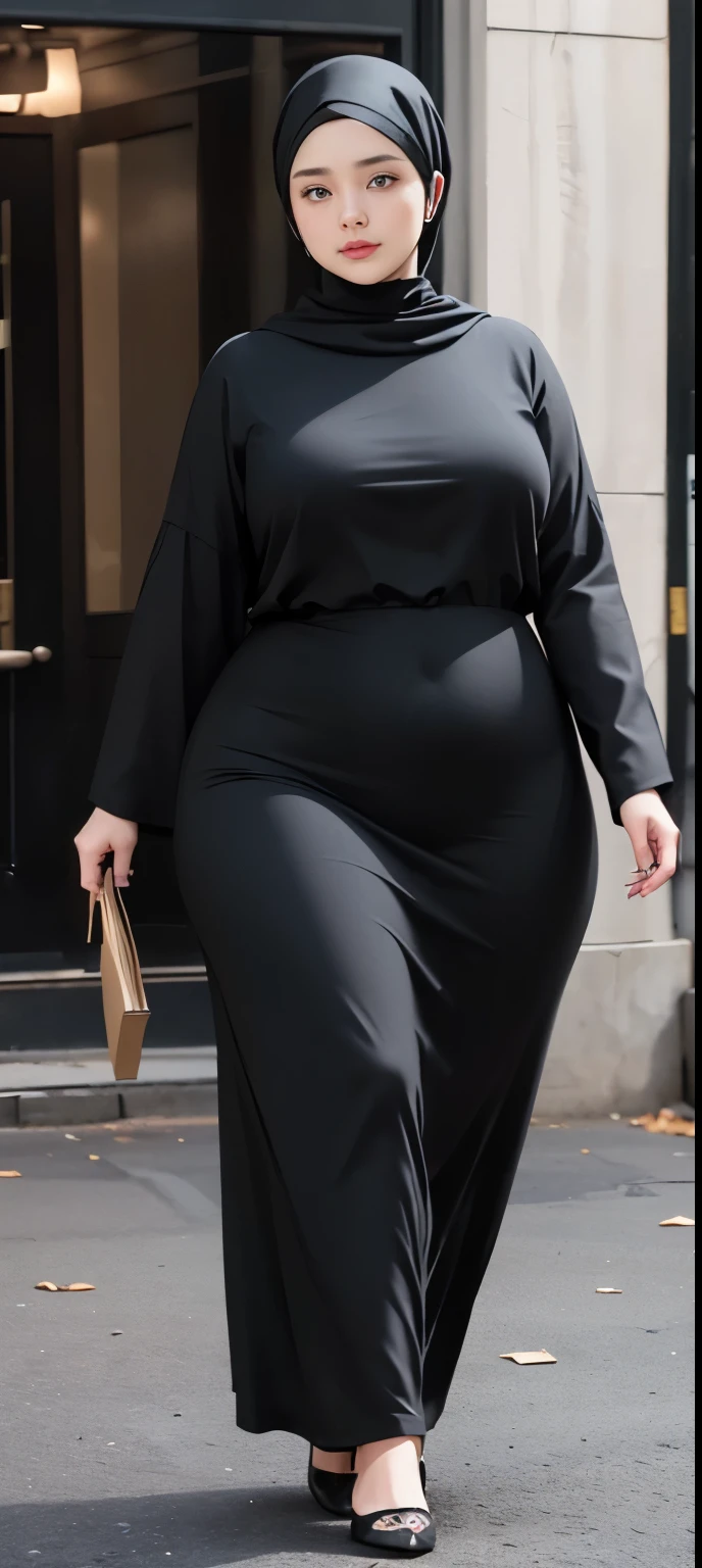 woman in black dress and hijab walking down the street, , hijab outfit, , hijab fashion model, plus size, plus size woman, , woman in black robes, beautiful woman, thicc, black outfit,, bbwchan