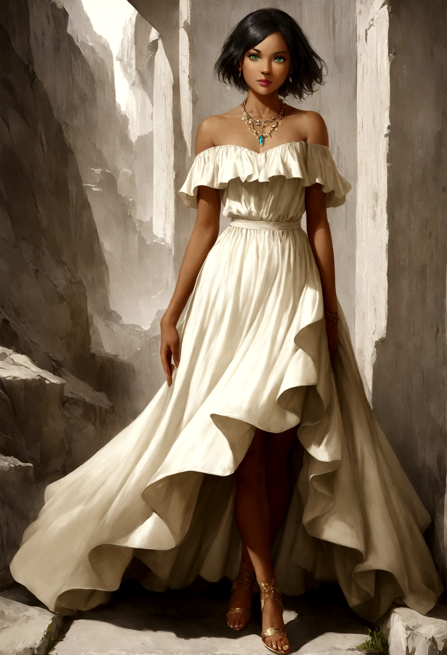 1girl in, age19, Solo, Short hair, Colossal , Looking at Viewer, black hair, Bare shoulders, Green eyes, jewelery, Full body, a necklace, off shoulders,  frock, Realistic, tan skin