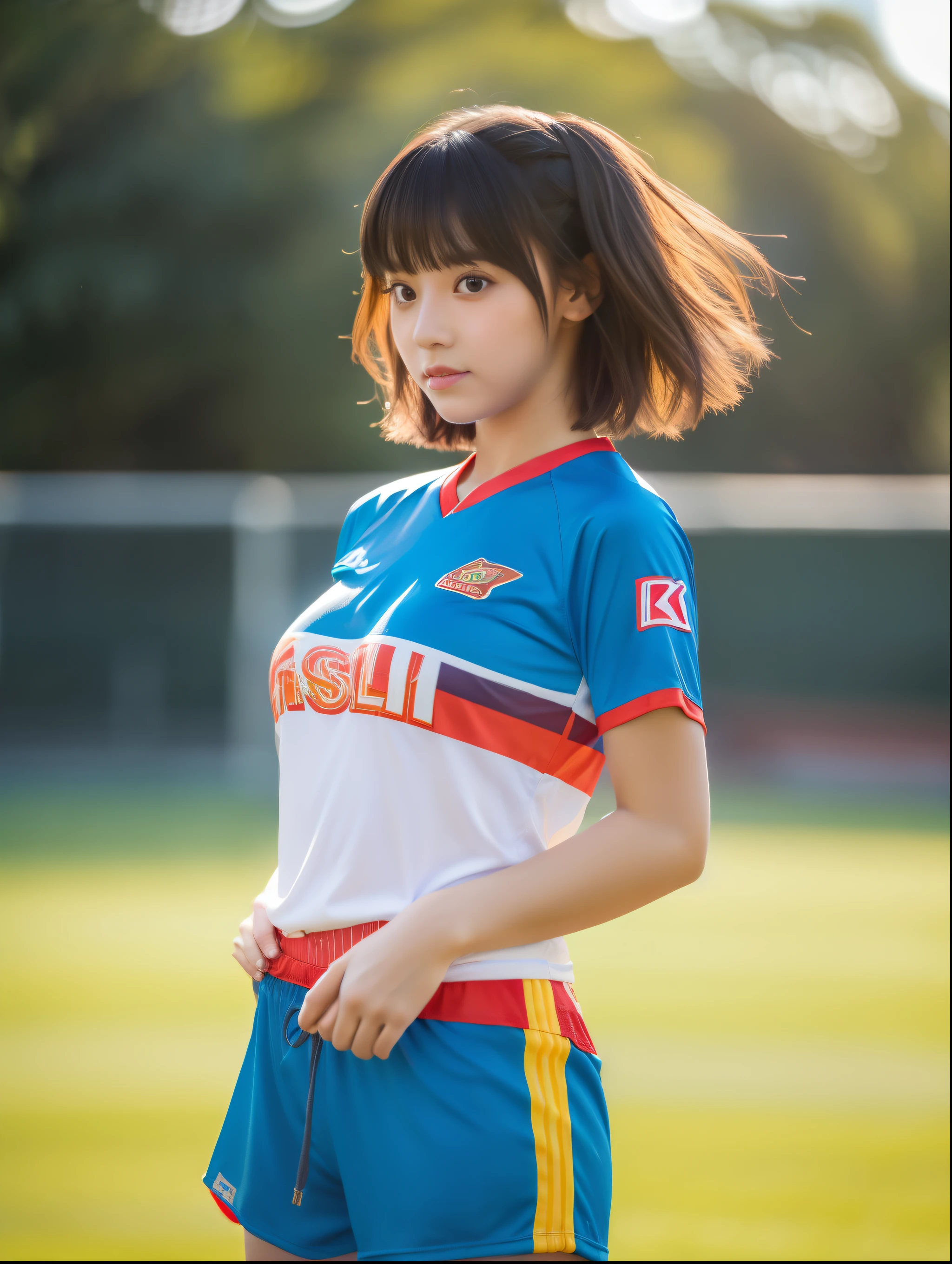 ((8k:1.27), best quality, masterpiece, ultra highres:1.2) Photo of cute idol girl (beautiful:1.1), teen, 18 years old, fantasy, detailed, professionally photography, Hasselblad camera, depth of field, 300mm fixed lens, super realistic, ray tracing, cinematic photography, natural lighting, thick body, short haircut, randomly hair color, cute russian girl, big breast, solo girl, 1 girl, wear jersey soccer, play soccer, kick ball, dribbling 