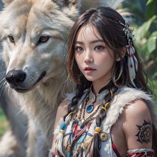 Shirakami-Sanchi、Hair flow、 ((highest quality、masterpiece、8k、Best image quality、Ultra-high resolution、Award-winning works)、(Accurate anatomy:1.1)、(Look at me and smile:1.1)、Shining fair skin with Ultra-high resolution、The most detailed face、Ultra-high resolution detailed face、Ultra-high resolutionの髪の毛、(Ultra-high resolutionの煌めく瞳:1.1)、Beautiful face drawn in every detail、(Blurred Background:1.1)、Native American white costume, American Indian Clothing, Chest to chest, tattoo、A real giant condor next to you。Observing a white wolf