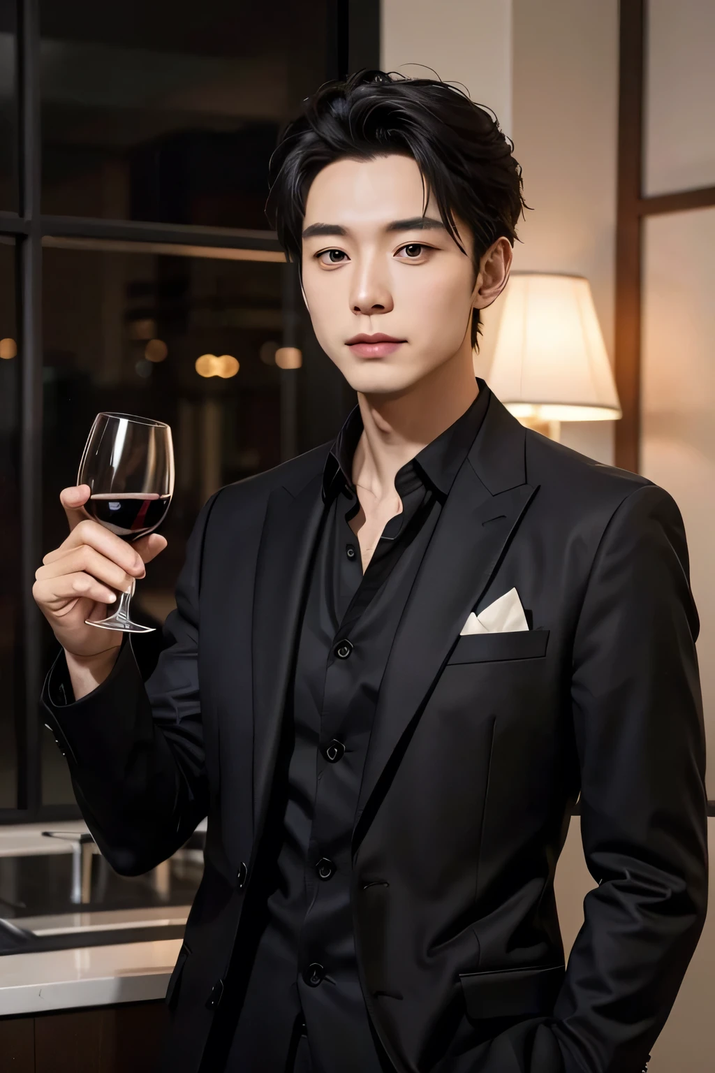 Wearing a black suit，Man holding a glass of red wine，front，Front facing，front，Positive direction，