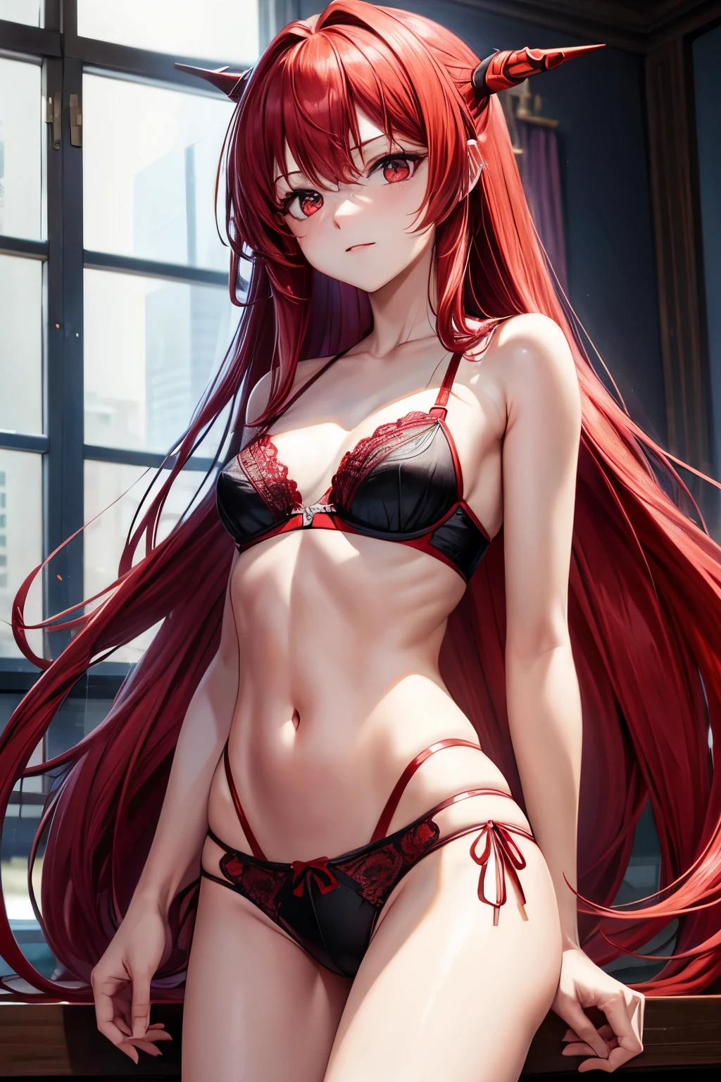 Long red hair, red eyes, small breasts, girl, three-point bra, panties，flat chest