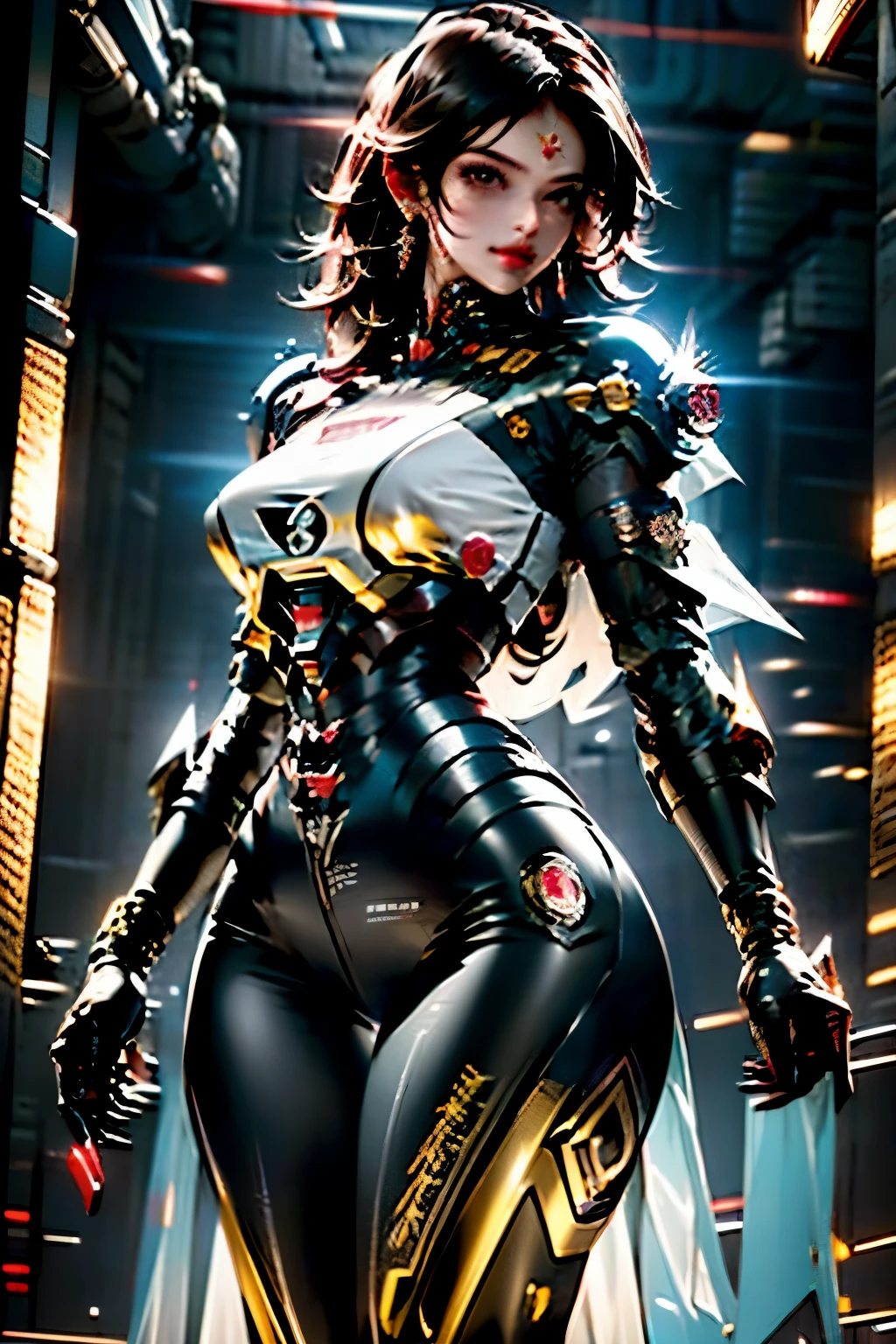 Uma mulher adulta poderosa em seu traje mecha mega detalhado, armamento pesado, viseira cyberpunk, grafismos hi-tech por todo o traje, melhor qualidade, obra prima, pose sexy, corpo perfeito
