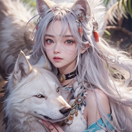 Shirakami-Sanchi、Hair flow、 ((highest quality、masterpiece、8k、Best image quality、Ultra-high resolution、Award-winning works)、(Accurate anatomy:1.1)、(Look at me and smile:1.1)、Shining fair skin with Ultra-high resolution、The most detailed face、Ultra-high resolution detailed face、Ultra-high resolutionの髪の毛、(Ultra-high resolutionの煌めく瞳:1.1)、Beautiful face drawn in every detail、(Blurred Background:1.1)、Native American white costume, American Indian Clothing, Chest to chest, tattoo、A real giant condor next to you。Observe the white wolf