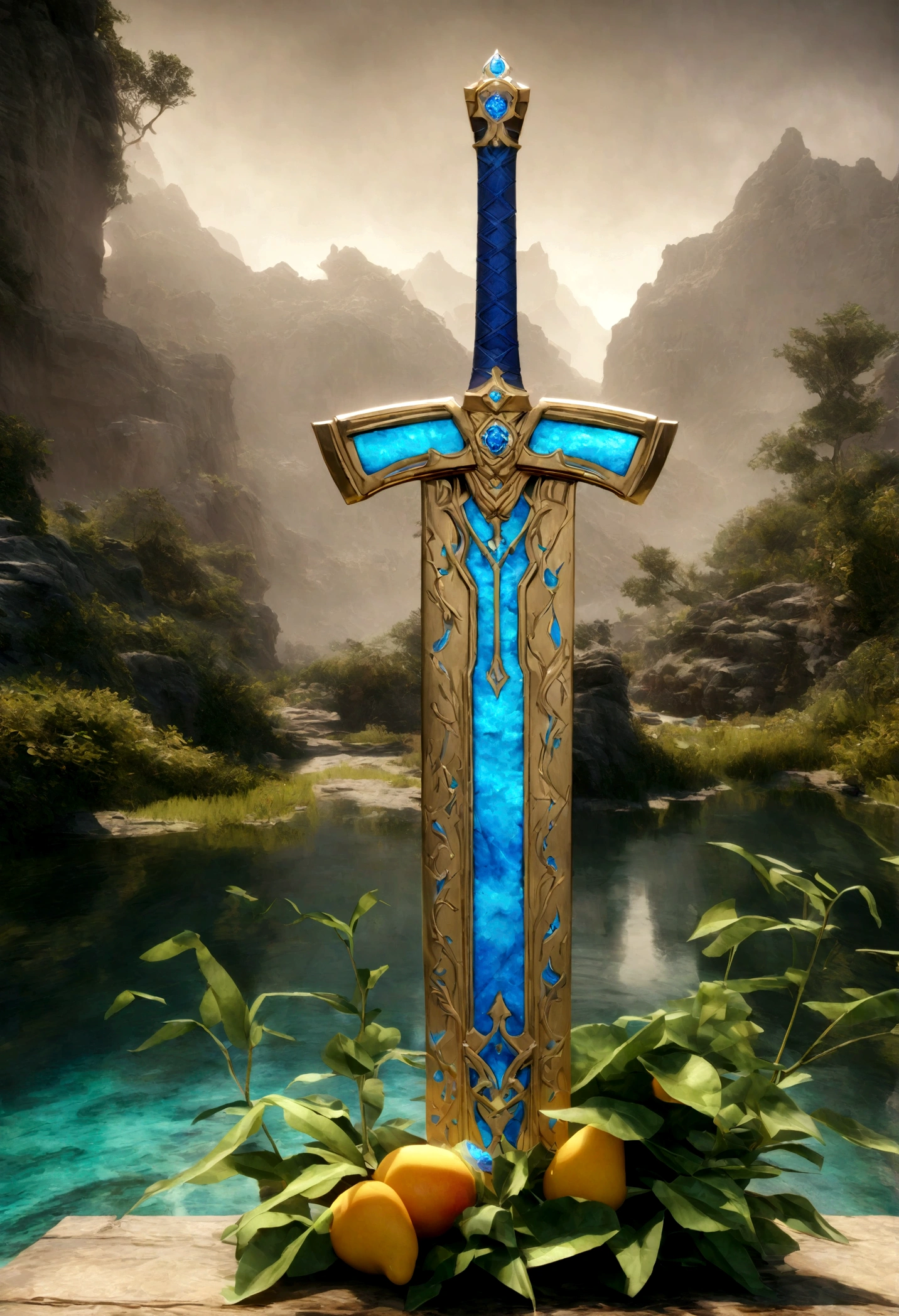 Excalibur, Delicate mango, The blade is exquisite,Well decorated,(((The body of the sword is designed with a pattern in the shape of blue opal and light green grain effect...:1.3))), should, (The blade is decorated symmetrically:1.3), (The entire Excalibur blade is centered:1.3), Close-ups at medium distances,(General silhouette:1.3),(Amazing landscape painting:1.2), Ultra-realistic photos, Ultra-fine, 8k, Premium Wallpapers, Best image quality, ..。.。.3D,c4d, masterpiece, Rendering with Octane