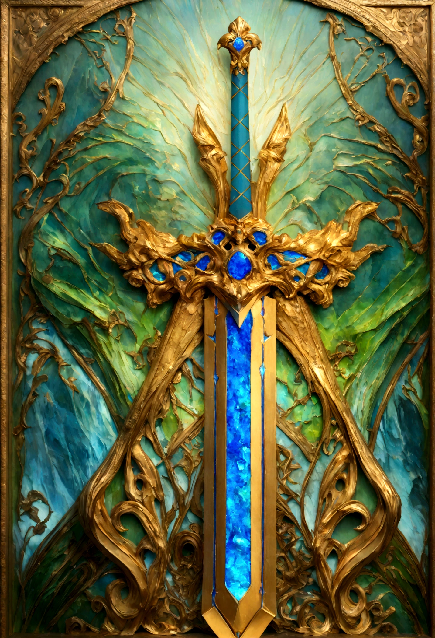 Excalibur, Delicate mango, The blade is exquisite，Well decorated,（((The body of the sword is designed with a pattern in the shape of blue opal and light green grain effect...：1.3))), should, (The blade is decorated symmetrically:1.3), (The entire Excalibur blade is centered:1.3), Close-ups at medium distances,（General silhouette:1.3),（Amazing landscape painting:1.2), Ultra-realistic photos, Ultra-fine, 8k, Premium Wallpapers, Best image quality, ..。.。.3D,c4d, masterpiece, Rendering with Octane