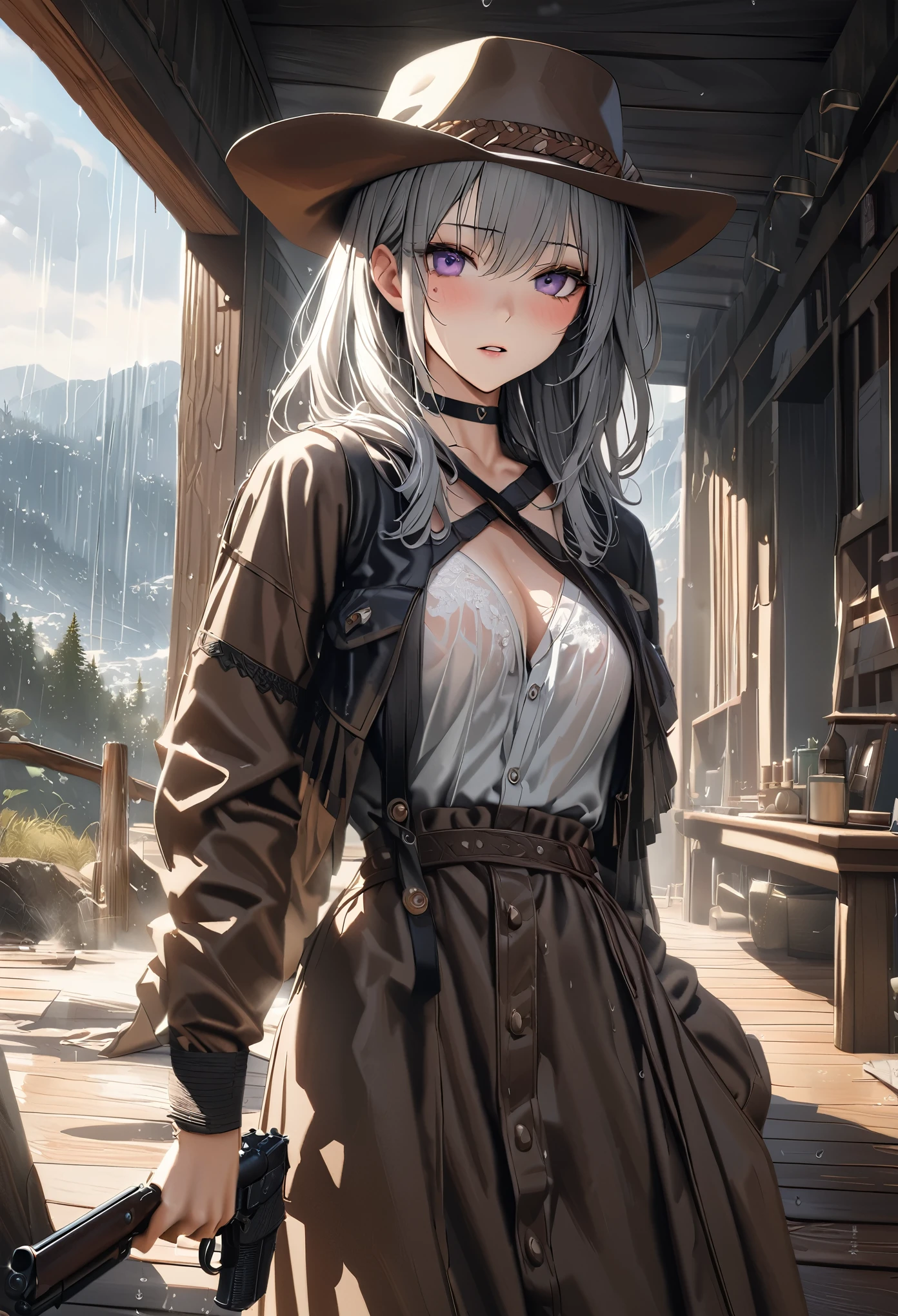 masterpiece,highest quality, Super detailed, High resolution, expensive resolution, HDR, 4k, 8K, unity 8k wallpaper, Super detailed CG, masterpiece, realistic, 2D, 3D, beautiful details, depth, fine texture , super fine: 1.3, Fully focused, Crispy.skin, .he, Heavy rain, downpours, see-through blouses, visible bras, soaking wet hair,Very cute anime girl 、Desolate wilderness、Cowboy Style Outfit、cowboy hat、cowboy boots、hand gun、mexican wilderness、duel、Standing with a hand gun、I was soaked by the heavy rain, The blouse is transparent and the bra is visible.my hair was soaked,long silver hair wearing expensive , one girl、alone, long silver hair, cowboy style、cowboy hat、hand gun、duel、cowboy bootole under the eye, looking at the viewer , expensive , blush, mole, parted lips, hair ornaments, heart, purple eyes, choker