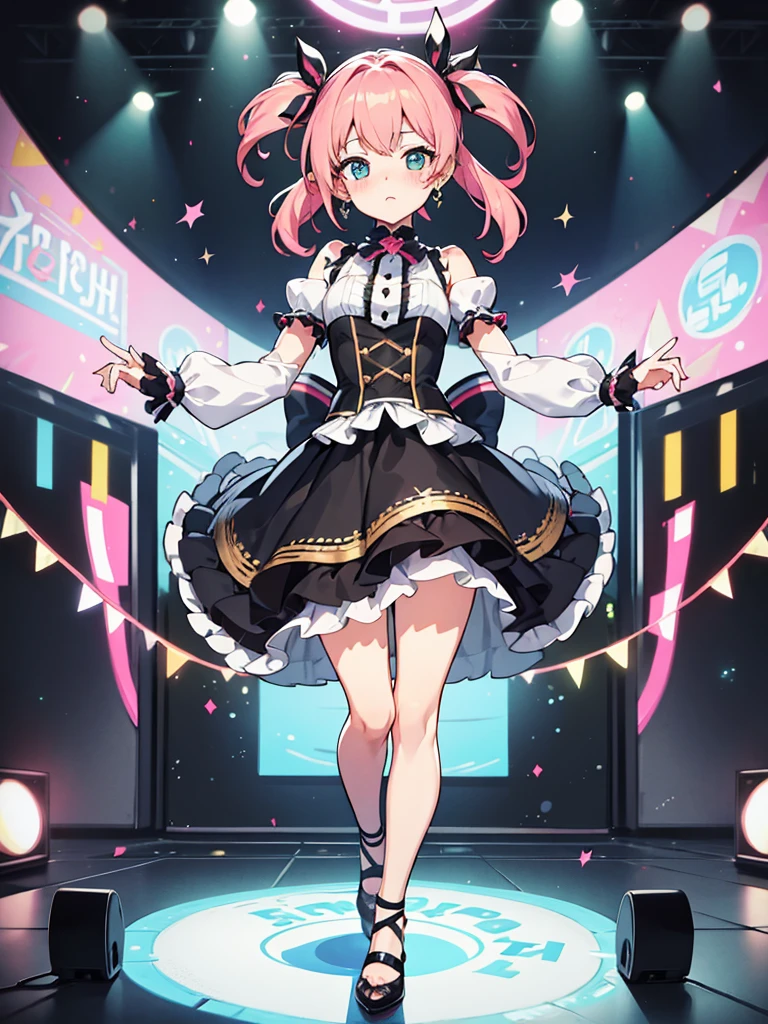 Masterpiece, top quality, outdoor festival Live venue stage, __Break__
One idol, cute outfit with colorful frills and ribbons, mini skirt length, cute hairpiece, solo, big eyes, earrings, blush, full body, standing pose, kawaiitech, pastel colors, kawaii, cute colors, add_detail:1, add_detail:0, add_detail:0.5