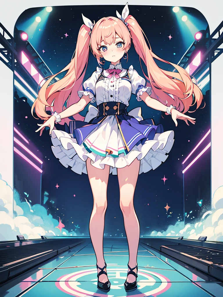 Masterpiece, top quality, outdoor festival Live venue stage, __Break__
One idol, cute outfit with colorful frills and ribbons, mini skirt length, cute hairpiece, solo, big eyes, earrings, blush, full body, standing pose, kawaiitech, pastel colors, kawaii, cute colors, add_detail:1, add_detail:0, add_detail:0.5
