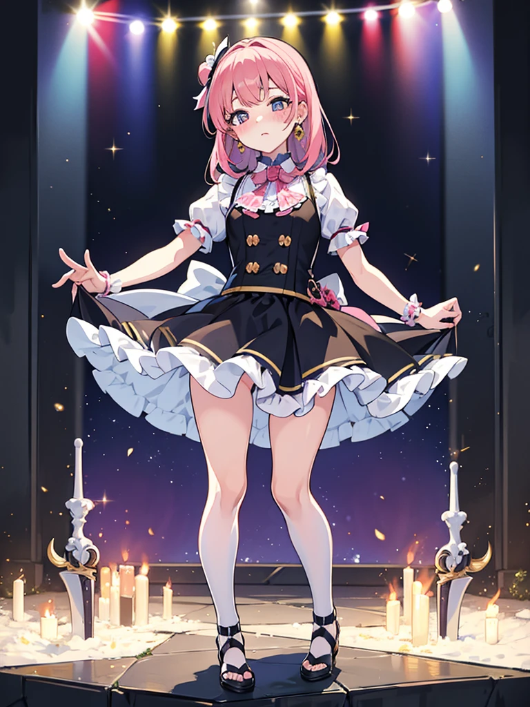Masterpiece, top quality, outdoor festival Live venue stage, __Break__
One idol, cute outfit with colorful frills and ribbons, mini skirt length, cute hairpiece, solo, big eyes, earrings, blush, full body, standing pose, kawaiitech, pastel colors, kawaii, cute colors, add_detail:1, add_detail:0, add_detail:0.5