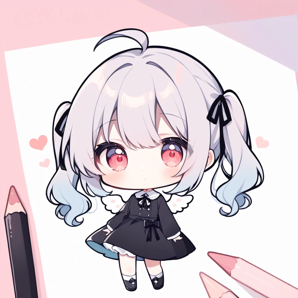 pastel colors, chibi, (little angel:1.5), 1girl, red eye, twin tails, silver hair, ahoge, black ribbon, black dress