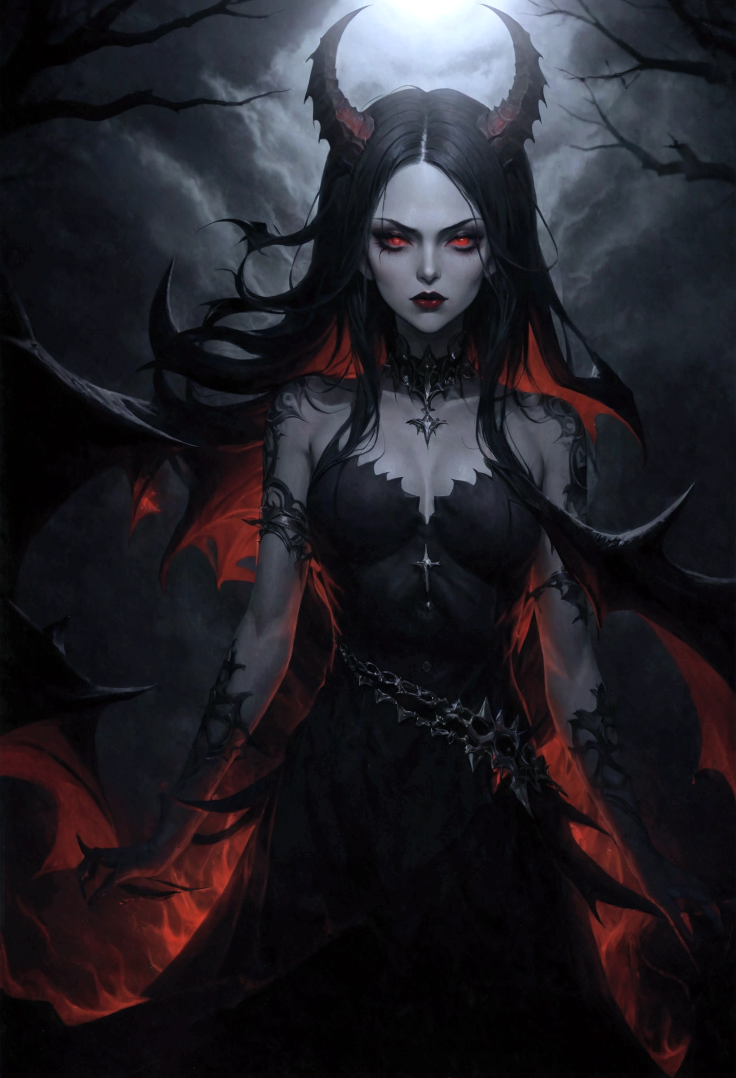 (High resolution,Practical) Long hair girl,skirt, Beautiful demon woman from hell, (in the darkness: 1.6), Very rich facial details,Red-black lips, Shoulder devil tattoo,rugged, Moderate: Detailed facial features, Determine the expression, Dark background