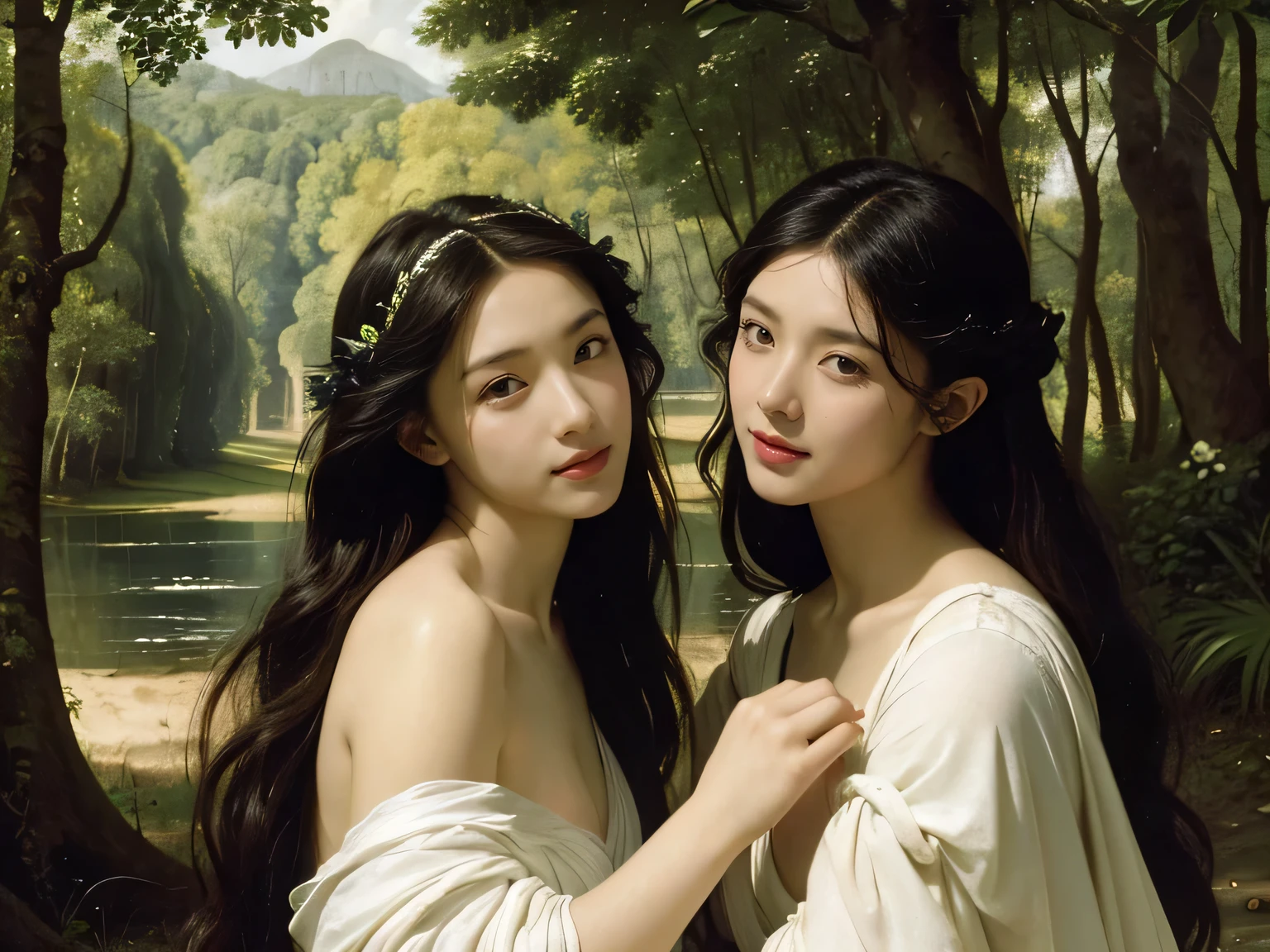 Giorgione painting style,Barbizon forest A beautiful woman in Greek dress smiles on the shore,Sweet and seductive appearance.、Caravaggio's paintings、Chiaroscuro of Caravaggio、hair tousled by the wind,Two women frolicking,cute smile, expression of ecstasy,Sexy,erotic, full body portrait