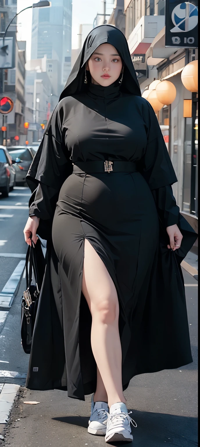 Naked woman in opened black dress and hijab walking down the street, , naked hijab outfit, with a long black cape, hijab fashion model, plus size, plus size woman, , naked woman in open black robes, beautiful burqa's naked woman, thicc, black outfit,, bbwchan 