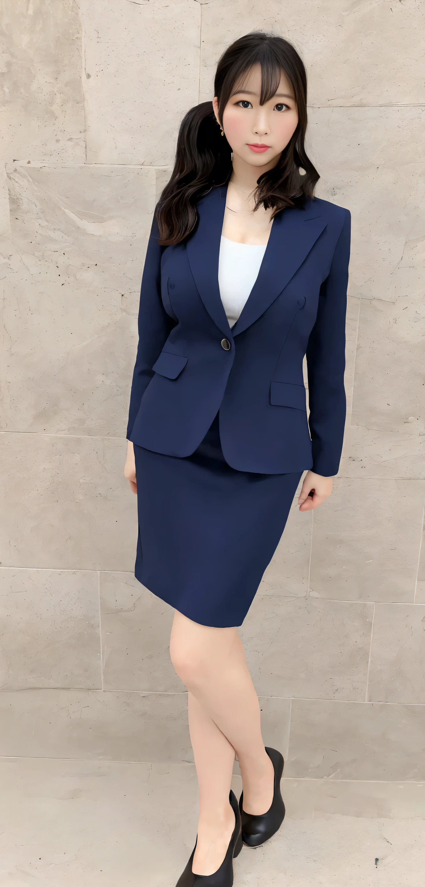 Japanese ID, Mature Woman, ((Chubby round face around 30 years old)), Wavy black hair with no bangs, Long Hair:1.65, Big twin ponytail:1.79, Flashy makeup, Fuller lips, Sexy Gaze, Cute Uniform, ((dressing)), looking at the camera, Low angle shooting, Cute duck lips,((Very accurate and correct anatomy)), (masterpiece:1.3), Perfect balance, Realistic photos, Full Shot, whole body, ((height: 168cm)), High heels, loafers, (2 Foot, Two Arms), ((Panty shot)),Big Breasts:1.95