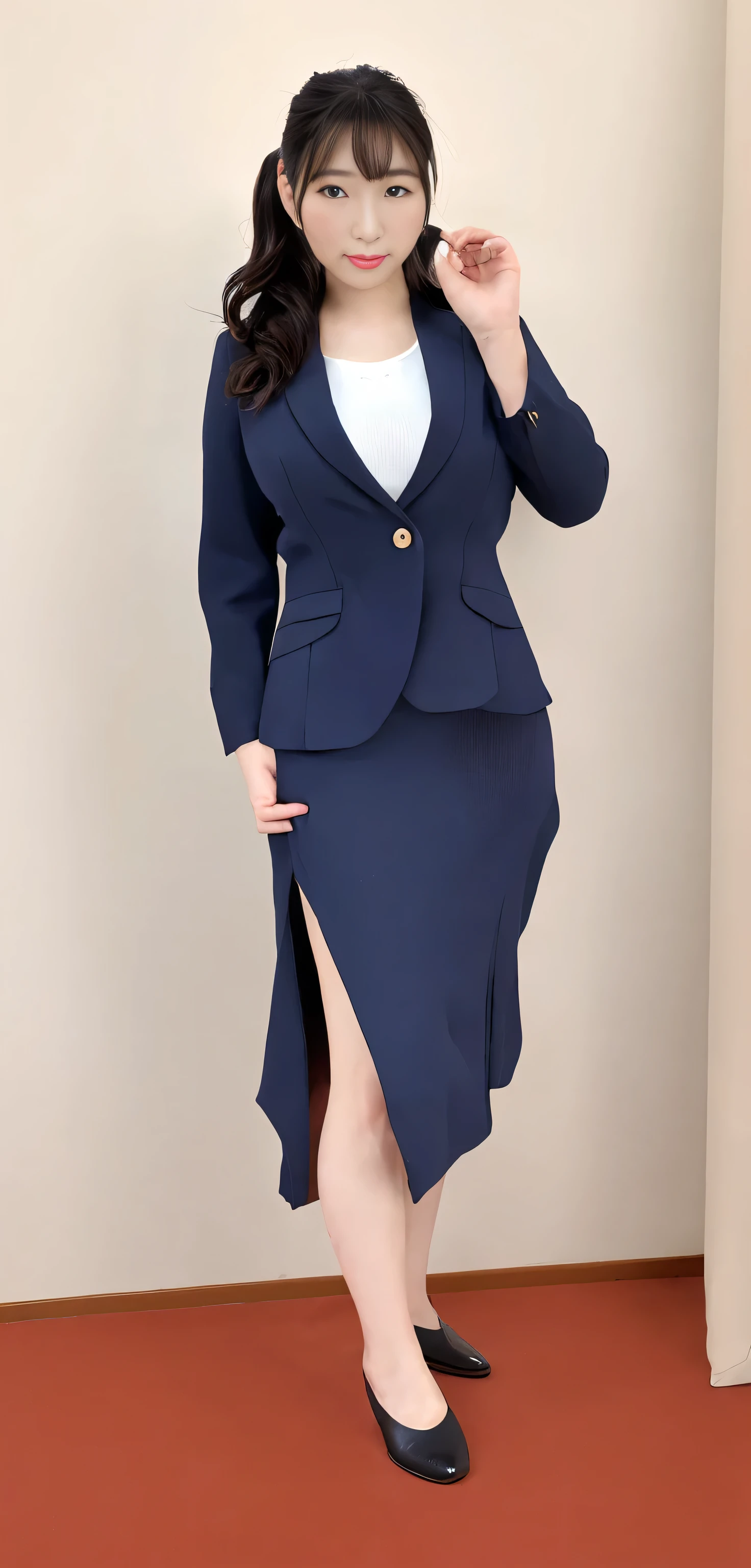 Japanese ID, Mature Woman, ((Chubby round face around 30 years old)), Wavy black hair with no bangs, Long Hair:1.65, Big twin ponytail:1.79, Flashy makeup, Fuller lips, Sexy Gaze, Cute Uniform, ((dressing)), looking at the camera, Low angle shooting, Cute duck lips,((Very accurate and correct anatomy)), (masterpiece:1.3), Perfect balance, Realistic photos, Full Shot, whole body, ((height: 168cm)), High heels, loafers, (2 Foot, Two Arms), ((Panty shot)),Big Breasts:1.95