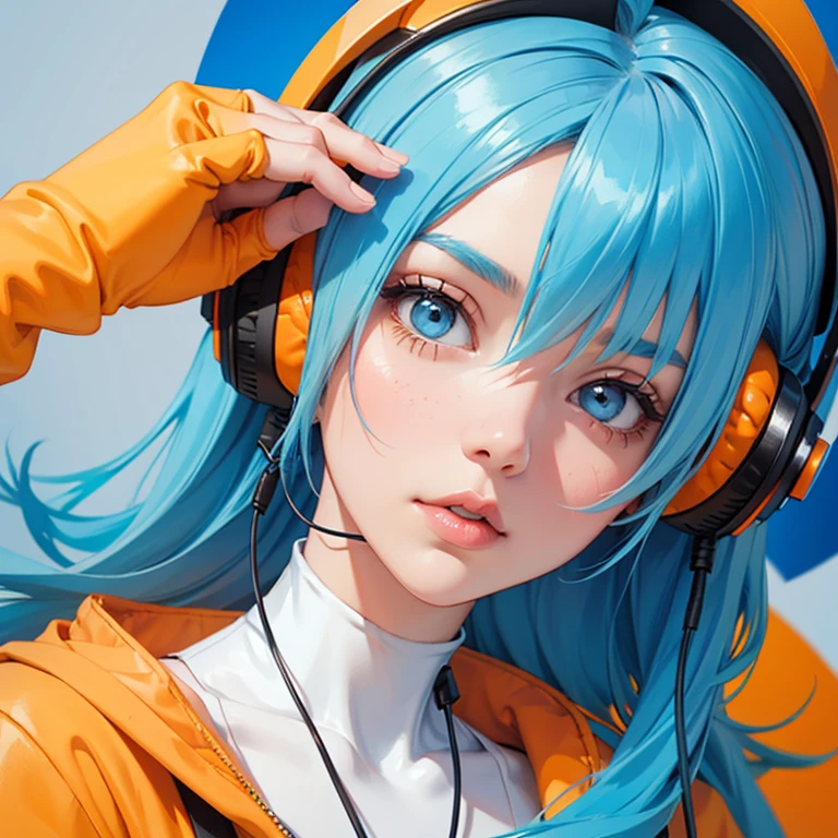 Girl with Blue hair wearing big headphones in Orange and White Pastel Dreamlike Whimsy Cool Futuristic Minimalism, Waifu Style